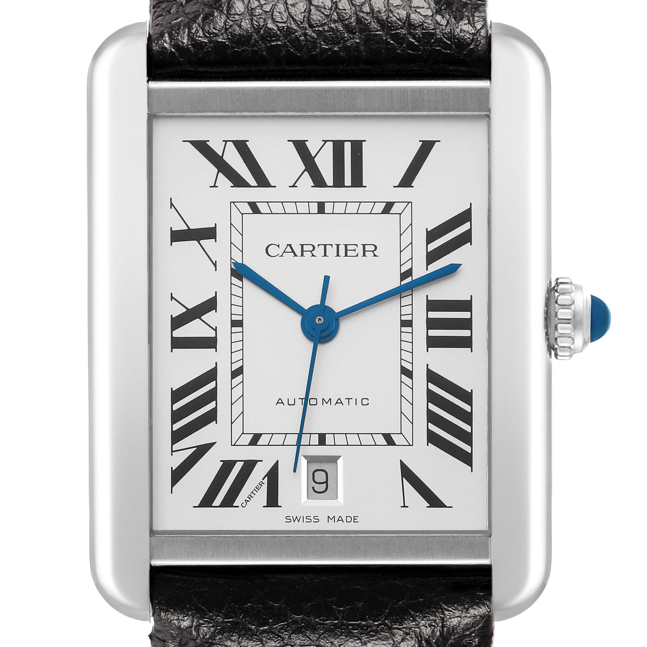 The Cartier Tank Solo 73949 Men
s Stainless Steel Silver Dial watch is shown from the front, displaying its rectangular face, Roman numerals, and leather strap.