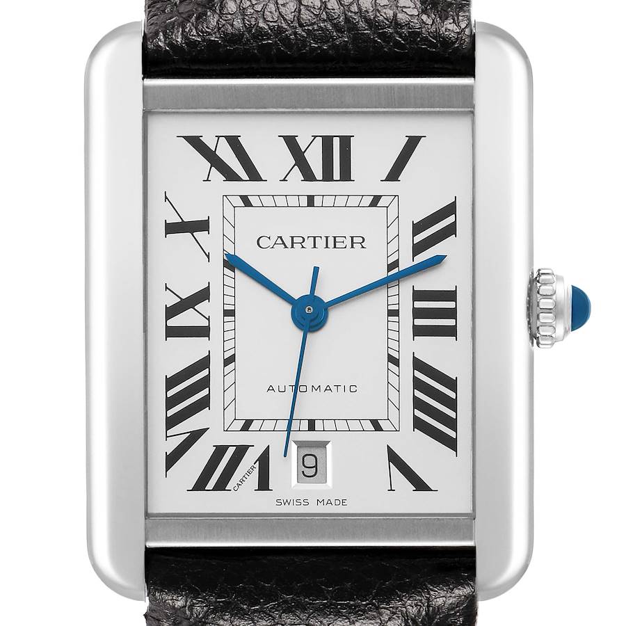 The Cartier Tank Solo 73949 Men's Stainless Steel Silver Dial watch is shown from the front, displaying its rectangular face, Roman numerals, and leather strap.