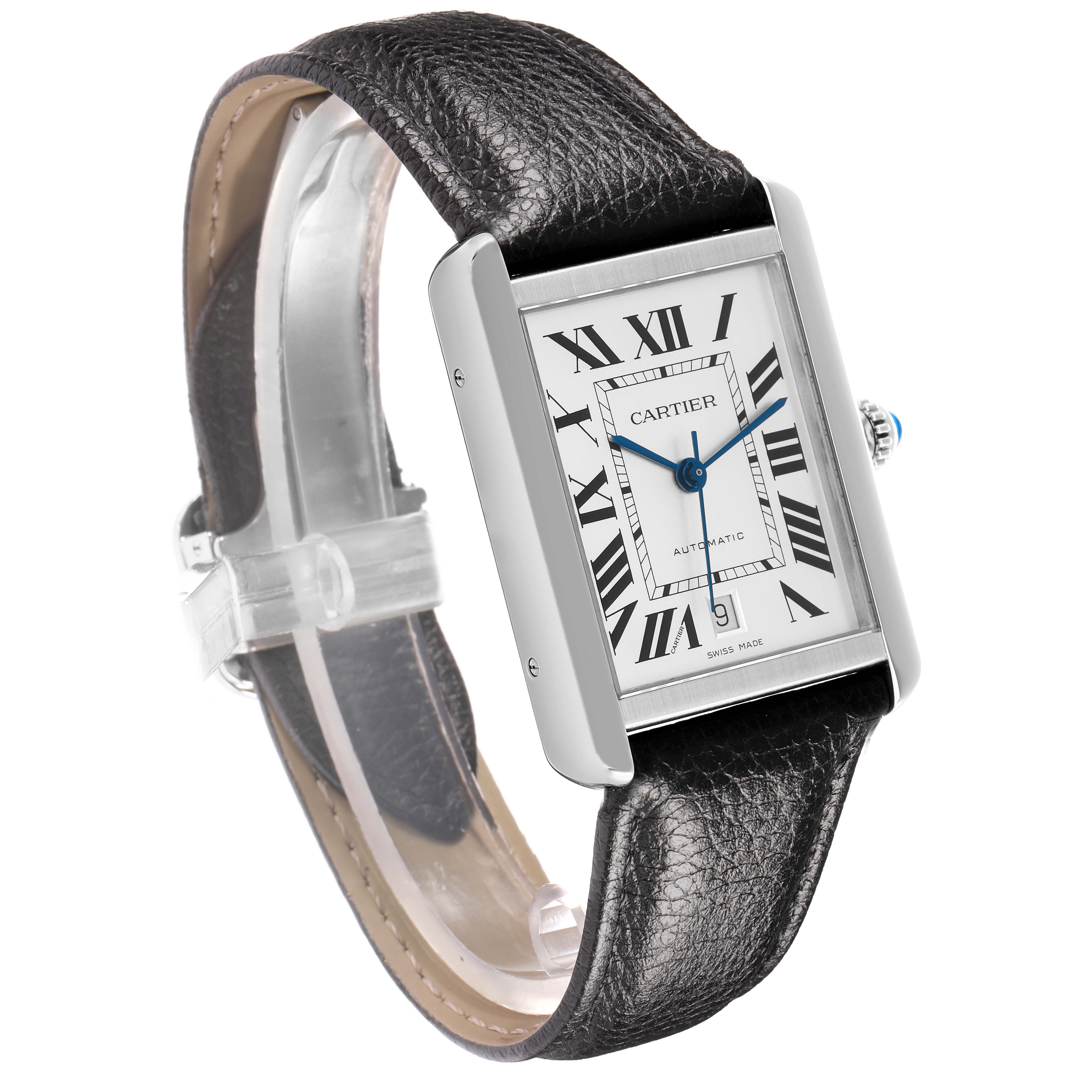 The Cartier Tank Solo 73949 Men
s Stainless Steel Silver Dial watch is shown at a slight angle, displaying its rectangular face, Roman numerals, and leather strap.