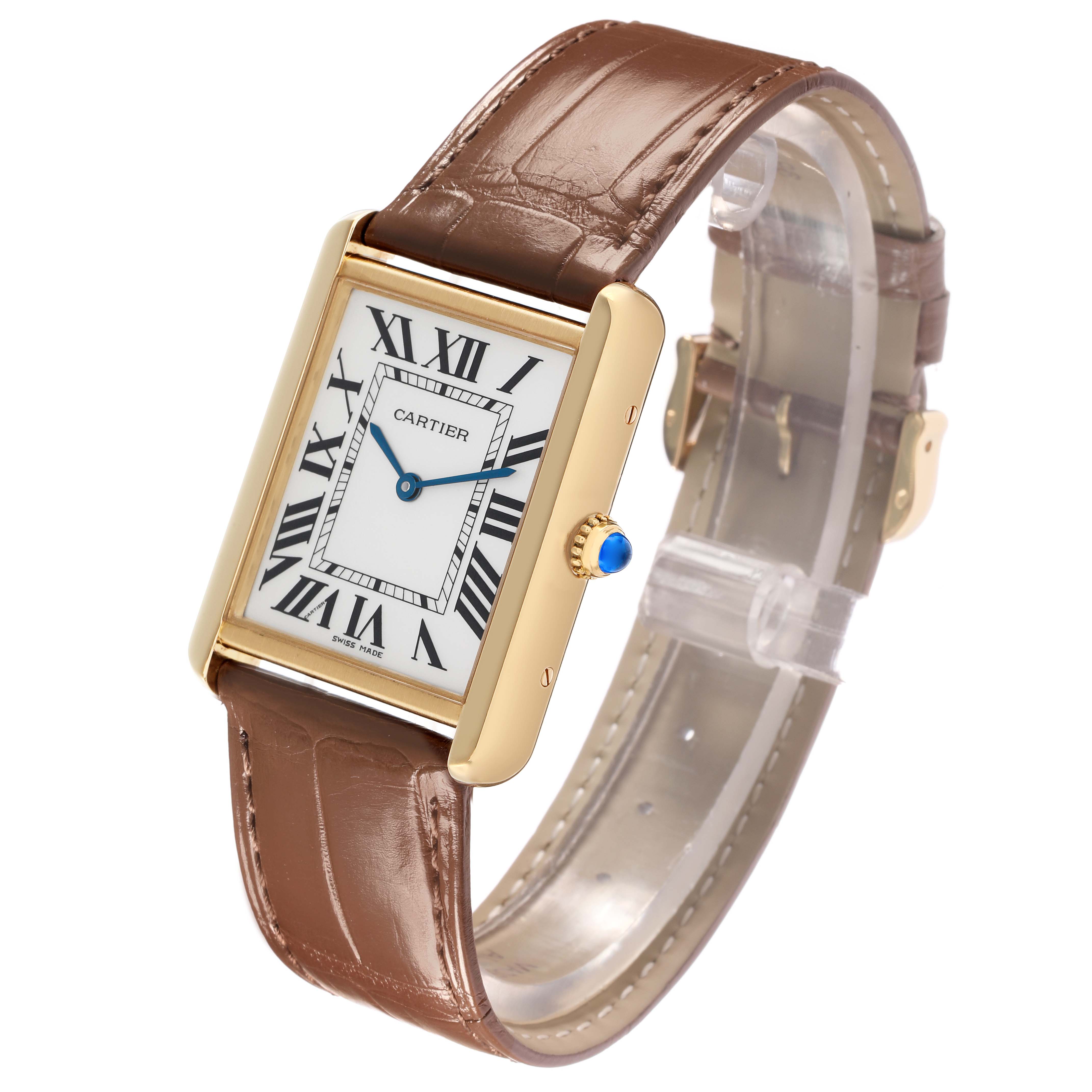 The Cartier Tank Solo W1018855 Men
s Steel and Gold (two tone) Silver Dial watch is shown at an angled side view, highlighting the face, case, and leather strap.