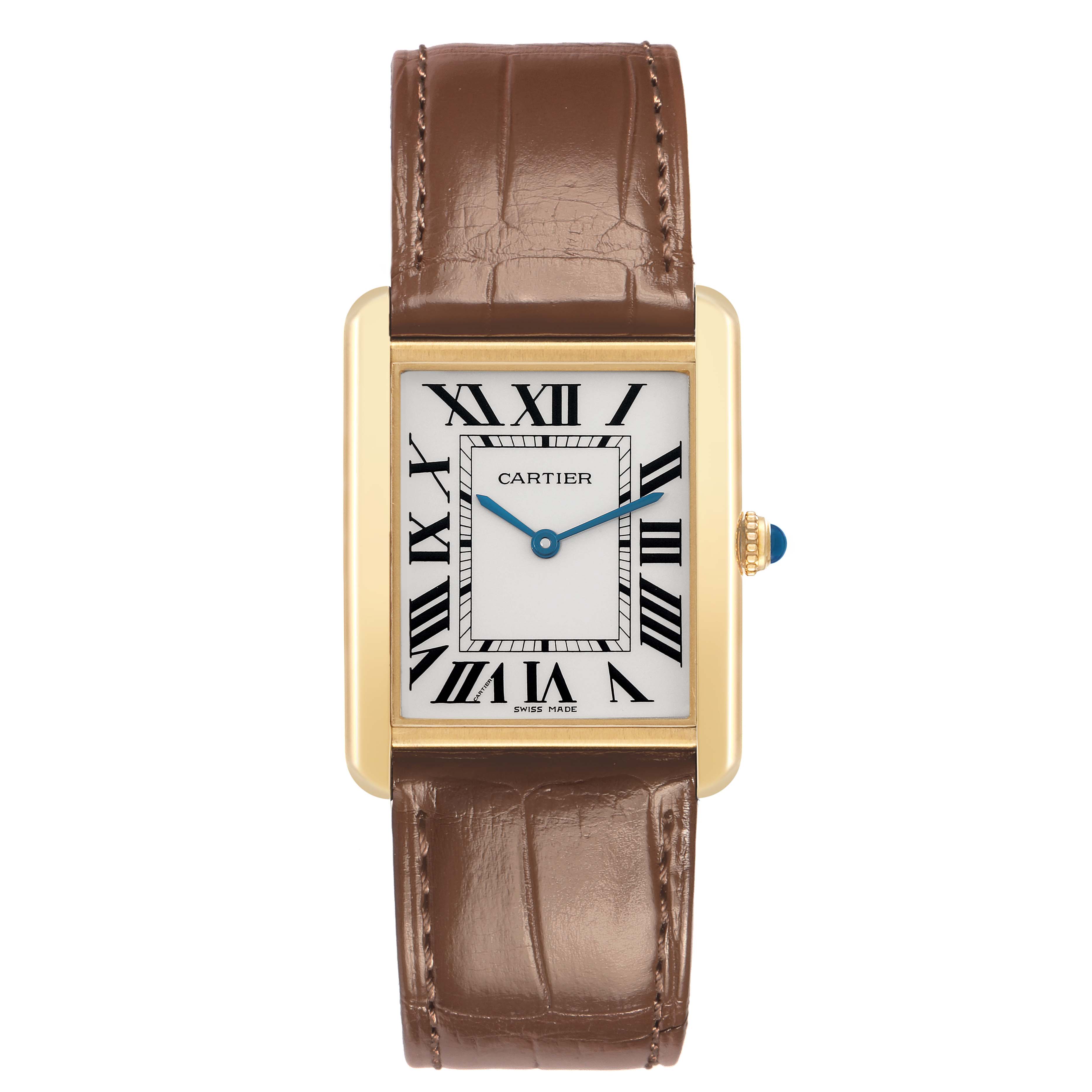 The Cartier Tank Solo W1018855 Men
s Steel and Gold (two tone) Silver Dial watch is shown from the front, displaying its rectangular face, Roman numerals, and brown leather strap.