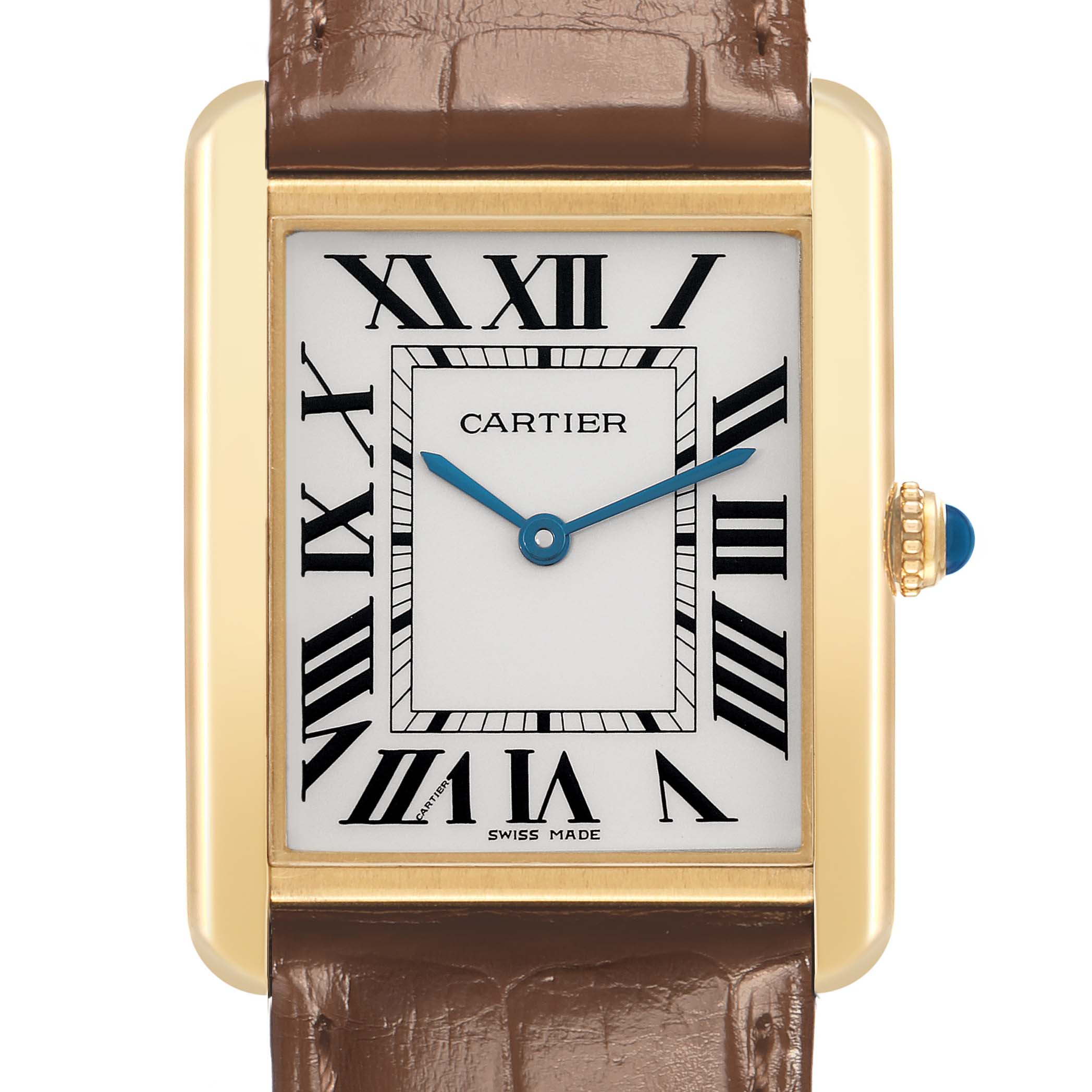The Cartier Tank Solo W1018855 Men
s Steel and Gold (two tone) Silver Dial watch is shown from the front, displaying its rectangular case, Roman numeral dial, and brown leather strap.