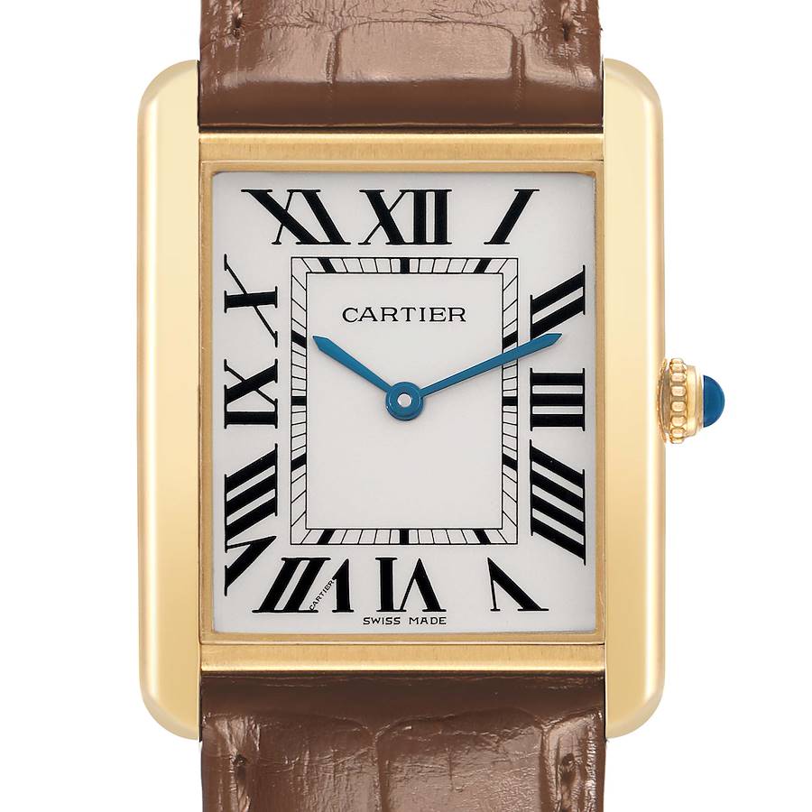 The Cartier Tank Solo W1018855 Men's Steel and Gold (two tone) Silver Dial watch is shown from the front, displaying its rectangular case, Roman numeral dial, and brown leather strap.