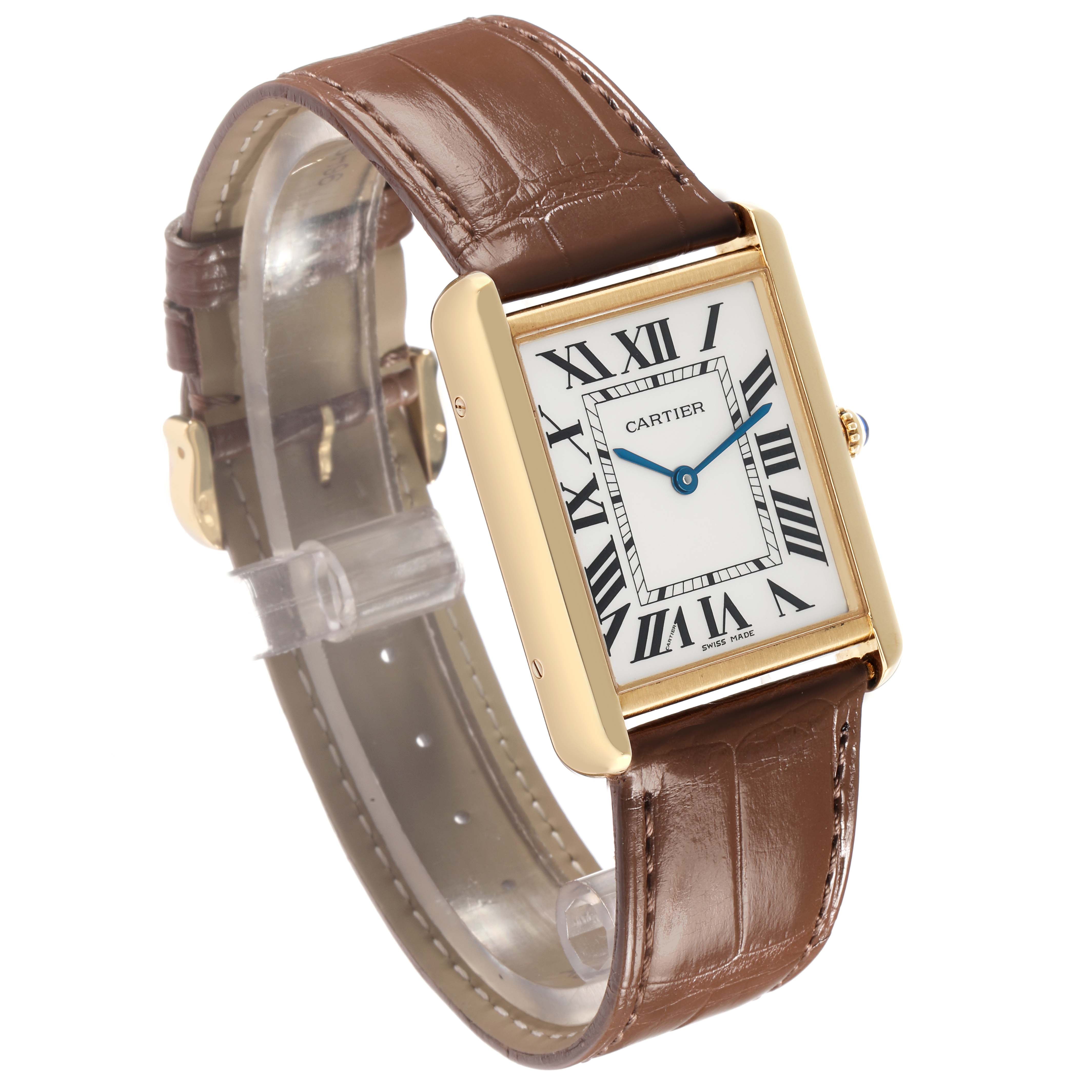 The Cartier Tank Solo W1018855 Men
s Steel and Gold (two tone) Silver Dial watch is shown in an angled view highlighting the face, case, strap, and crown details.