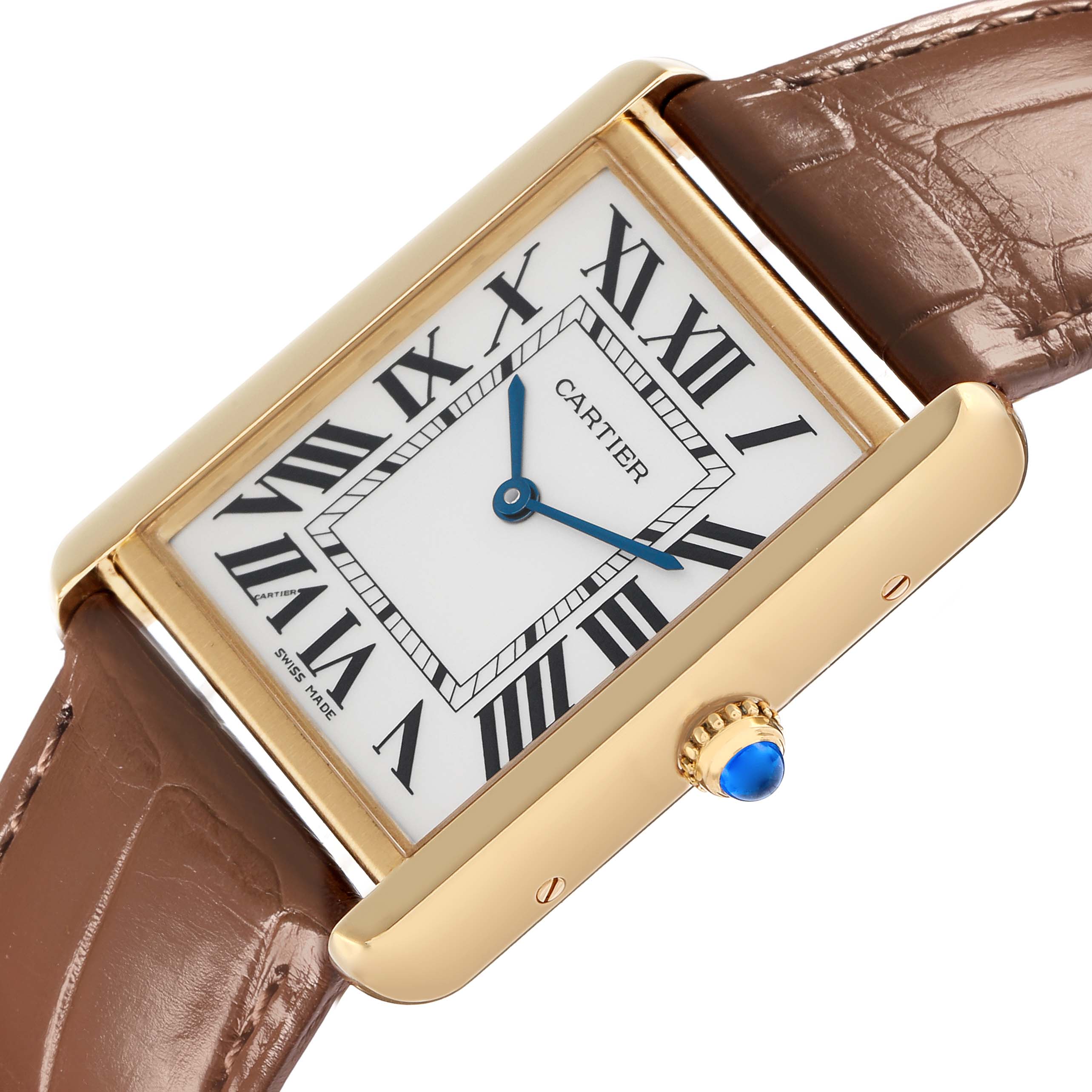 The Cartier Tank Solo W1018855 Men
s Steel and Gold (two tone) Silver Dial watch is shown from a top diagonal angle, highlighting the face, Roman numerals, and crown with blue cabochon.