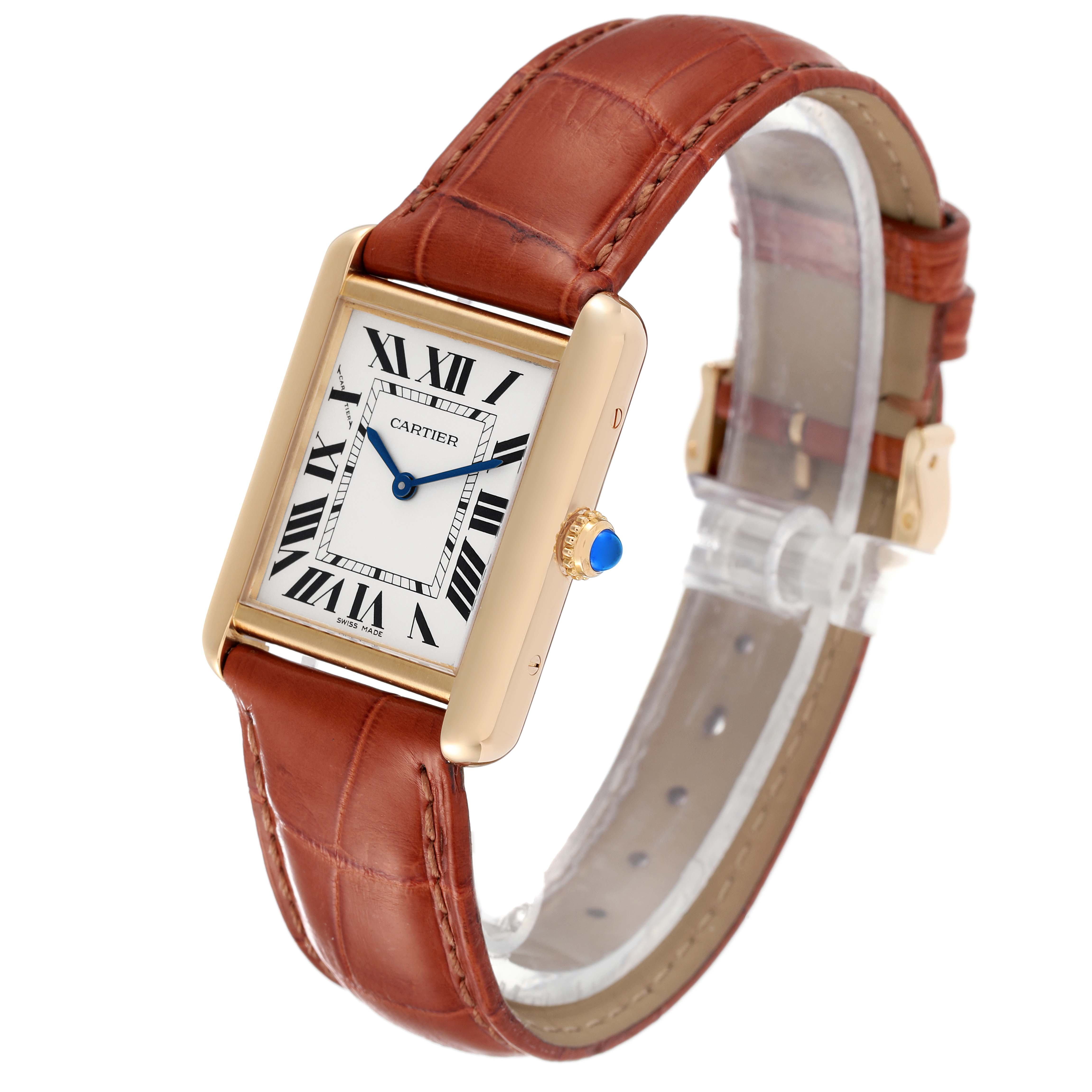 This Cartier Tank Solo W5200002 Women's Yellow Gold Silver Dial W5200002 Women's Yellow Gold Silver Dial watch is shown at a slight angle, displaying its face, leather strap, and crown.
