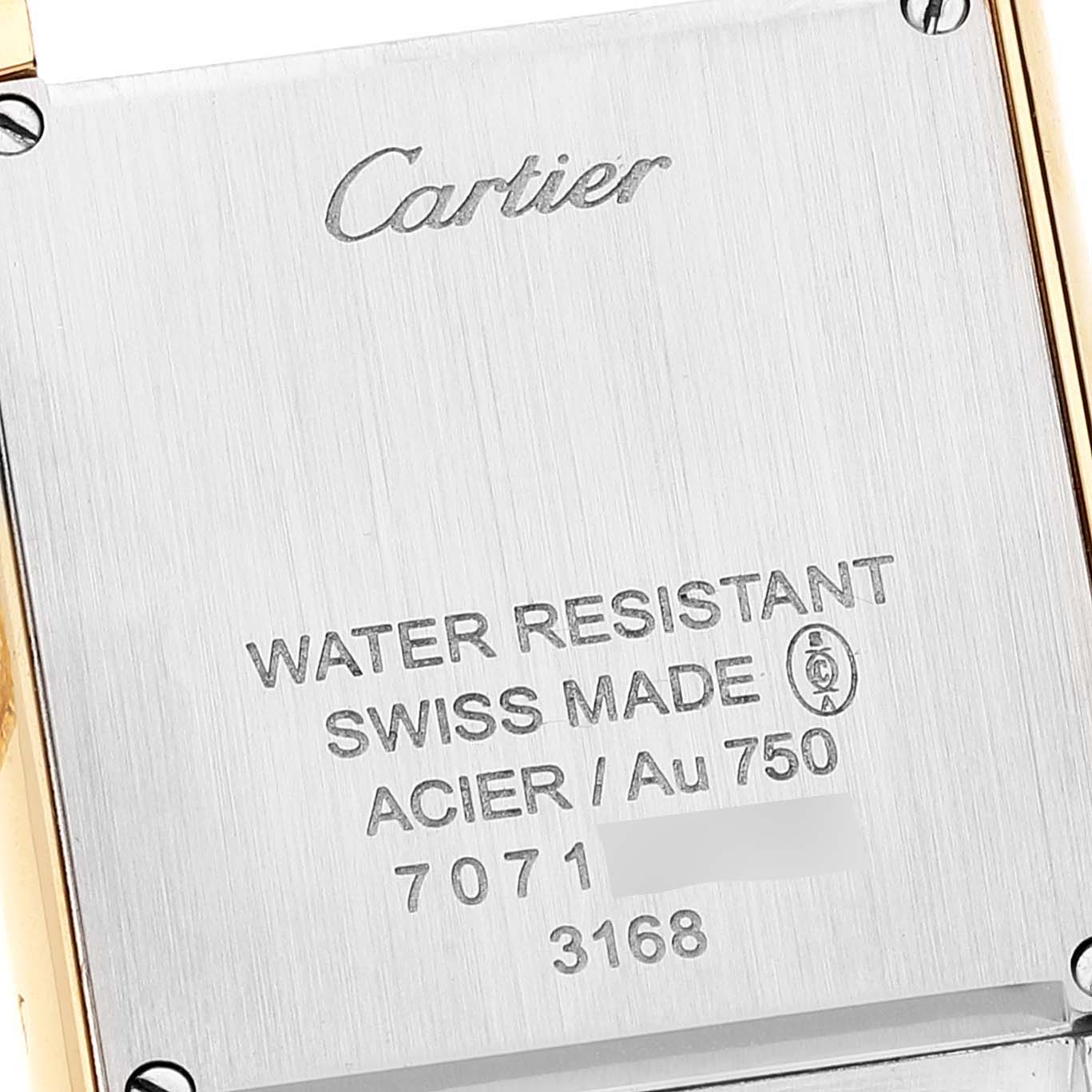 The image shows the back case of a Cartier Tank Solo W5200002 Women's Yellow Gold Silver Dial W5200002 Women's Yellow Gold Silver Dial watch, highlighting its water resistance and Swiss-made details.