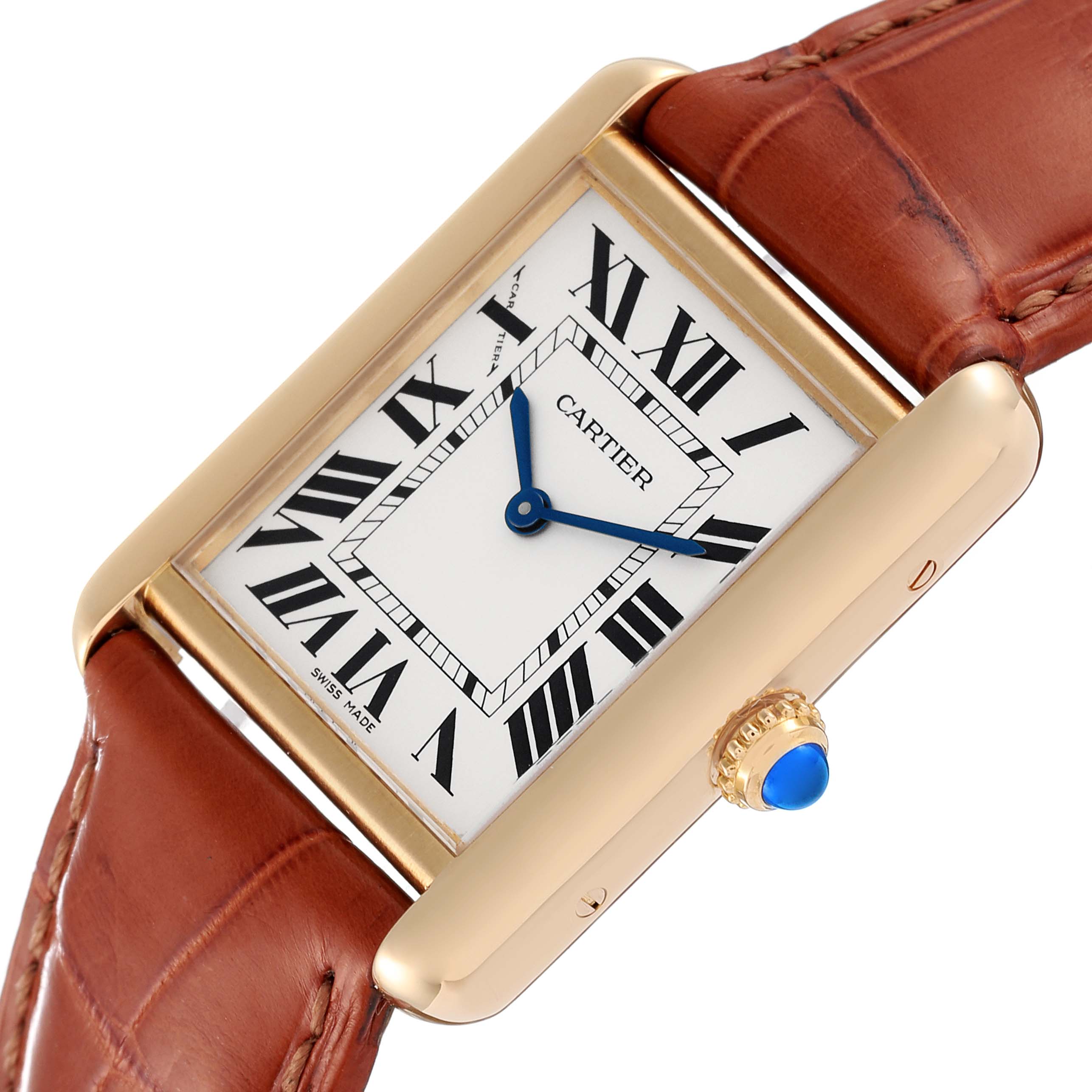 This image shows a close-up, angled view of the Cartier Tank Solo W5200002 Women's Yellow Gold Silver Dial W5200002 Women's Yellow Gold Silver Dial watch, highlighting the rectangular face, Roman numerals, and leather strap.