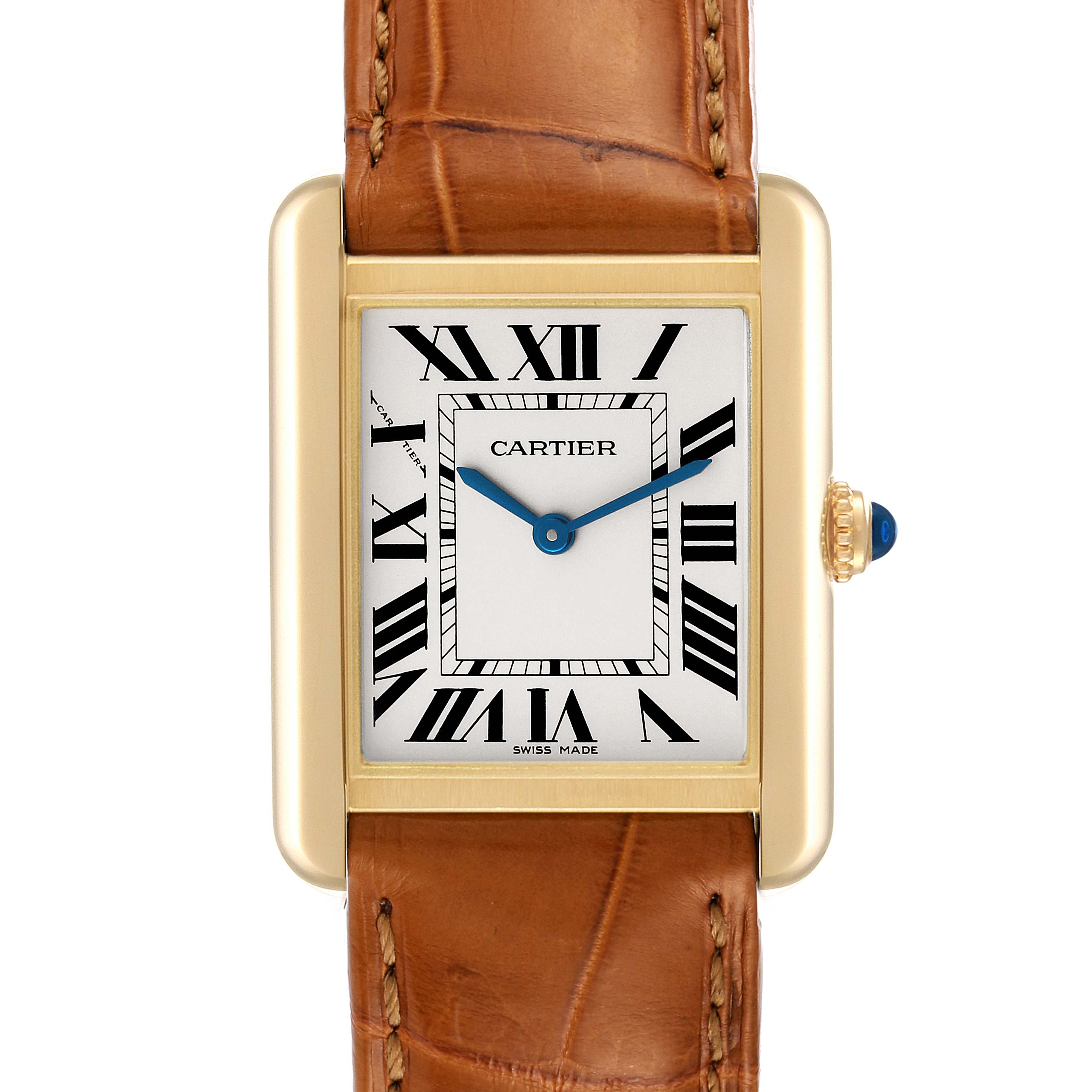The image shows a front view of a Cartier Tank Solo W5200002 Women's Yellow Gold Silver Dial W5200002 Women's Yellow Gold Silver Dial watch with a gold case, white dial, and brown leather strap.