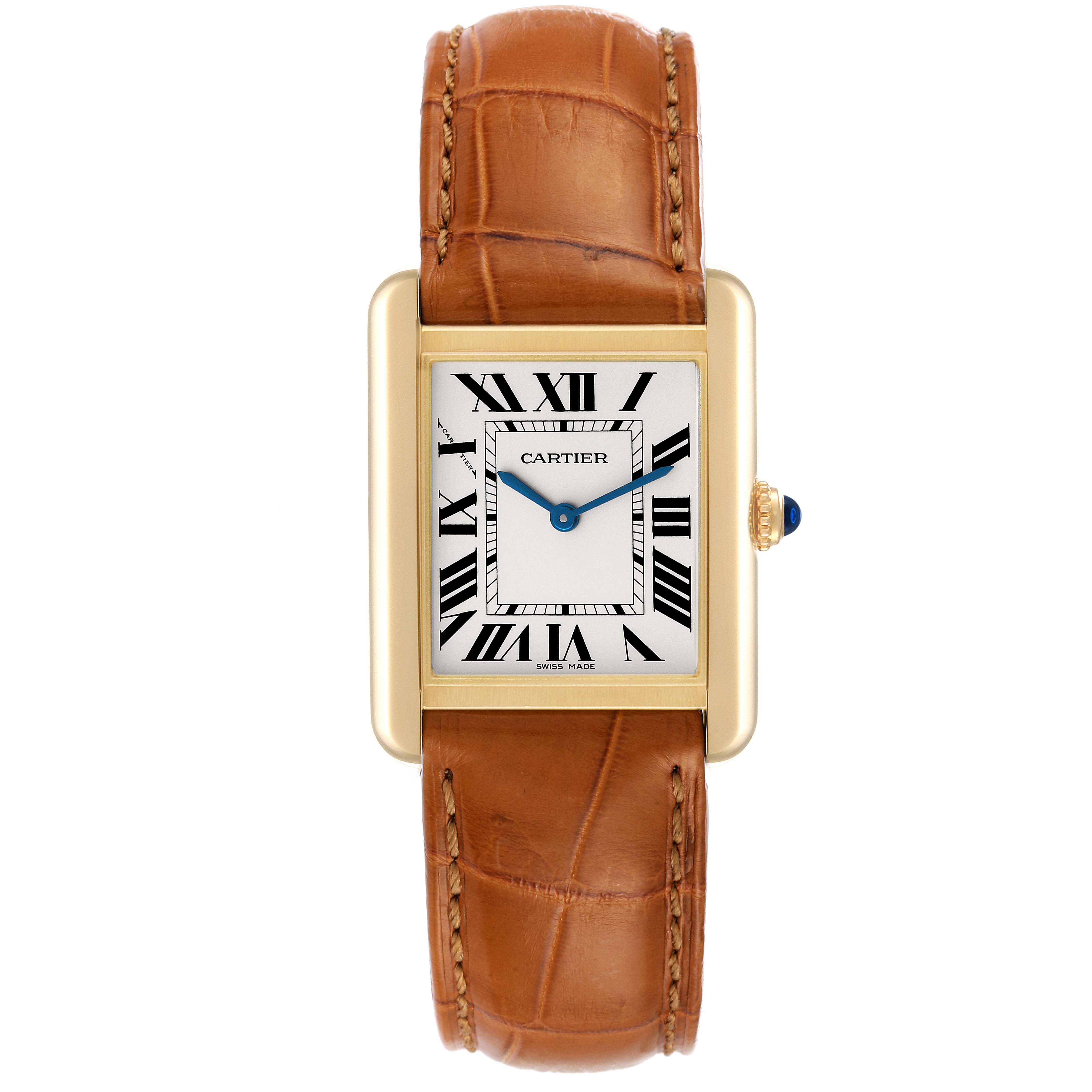 The image shows a frontal view of the Cartier Tank Solo W5200002 Women's Yellow Gold Silver Dial W5200002 Women's Yellow Gold Silver Dial watch, highlighting its rectangular dial, Roman numerals, and brown leather strap.