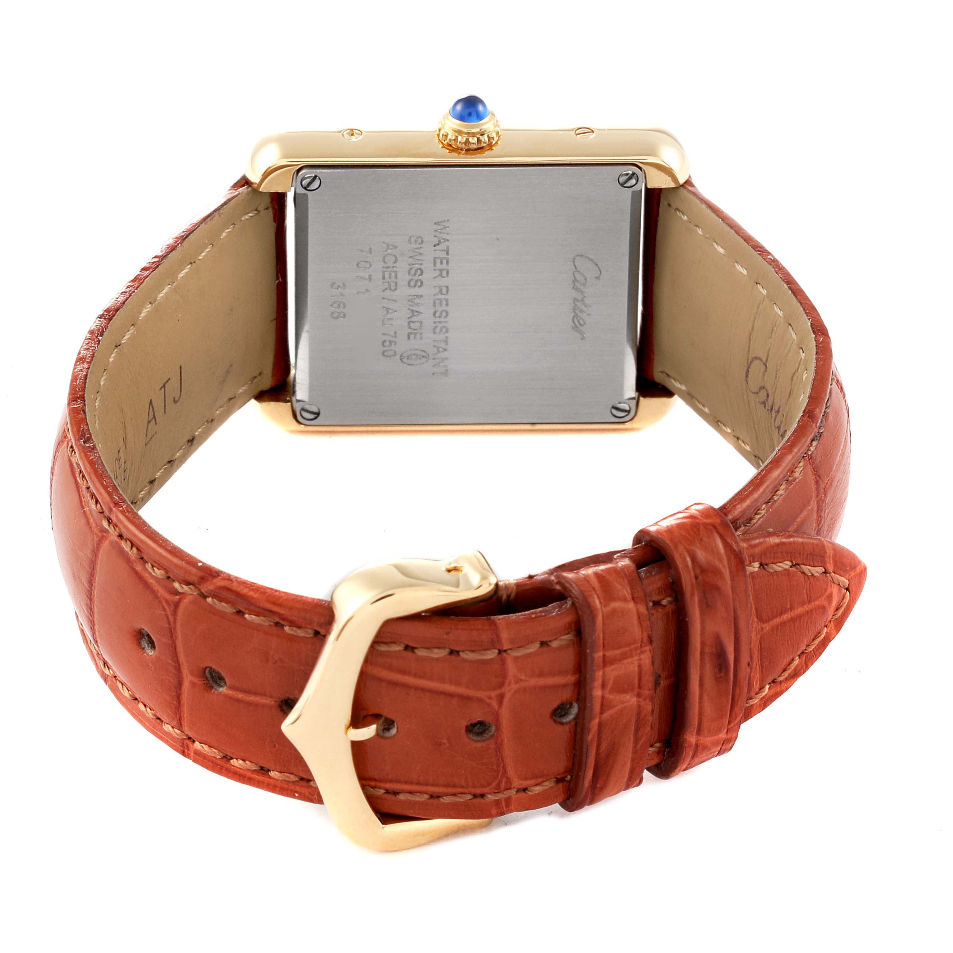 This image shows the back of a Cartier Tank Solo W5200002 Women's Yellow Gold Silver Dial W5200002 Women's Yellow Gold Silver Dial watch, including the strap, buckle, and case back details.