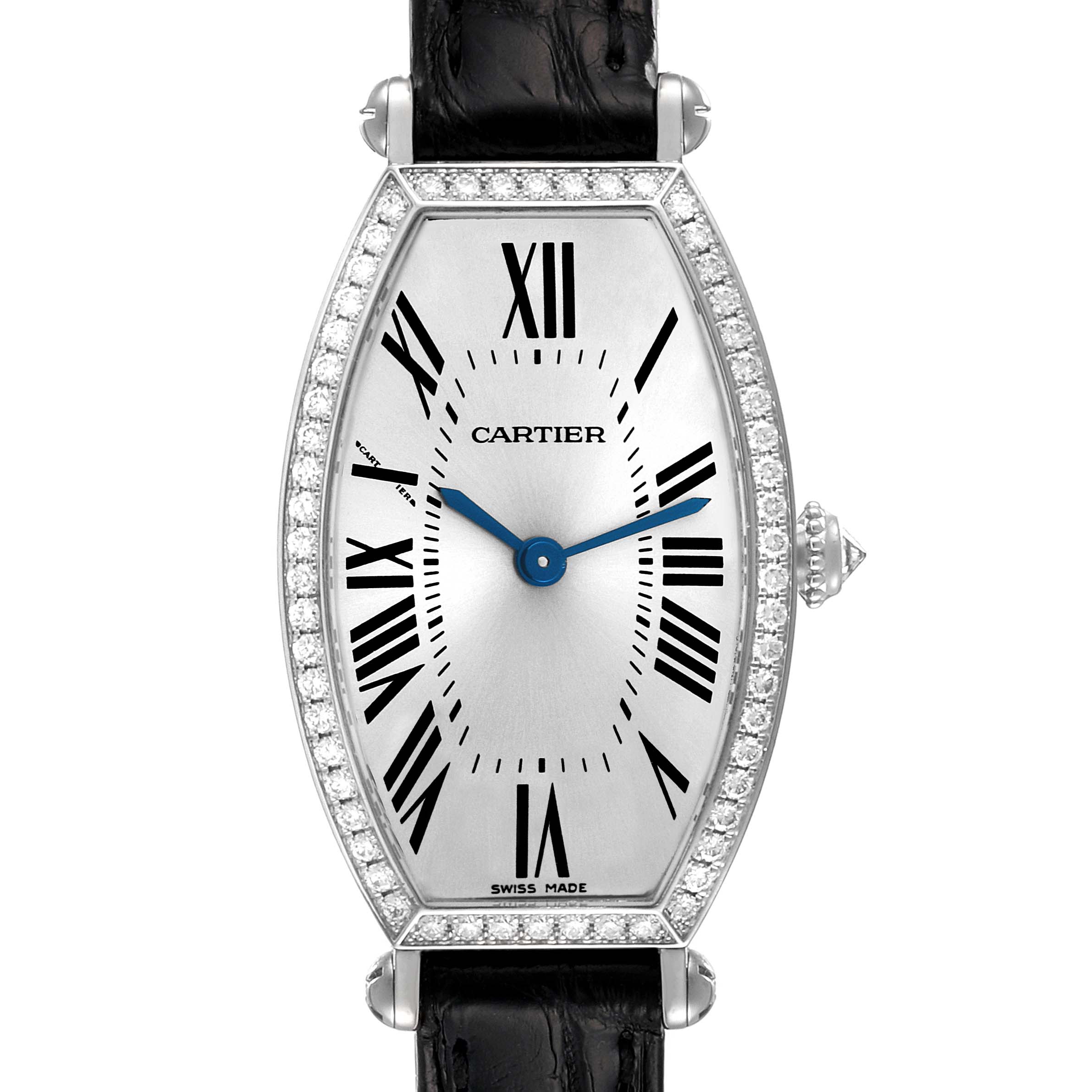 This image shows a front view of the Cartier Tortue WE400131 Women
s White Gold Silver Dial WE400131 Women
s White Gold Silver Dial watch with a diamond-encrusted bezel and black leather strap.
