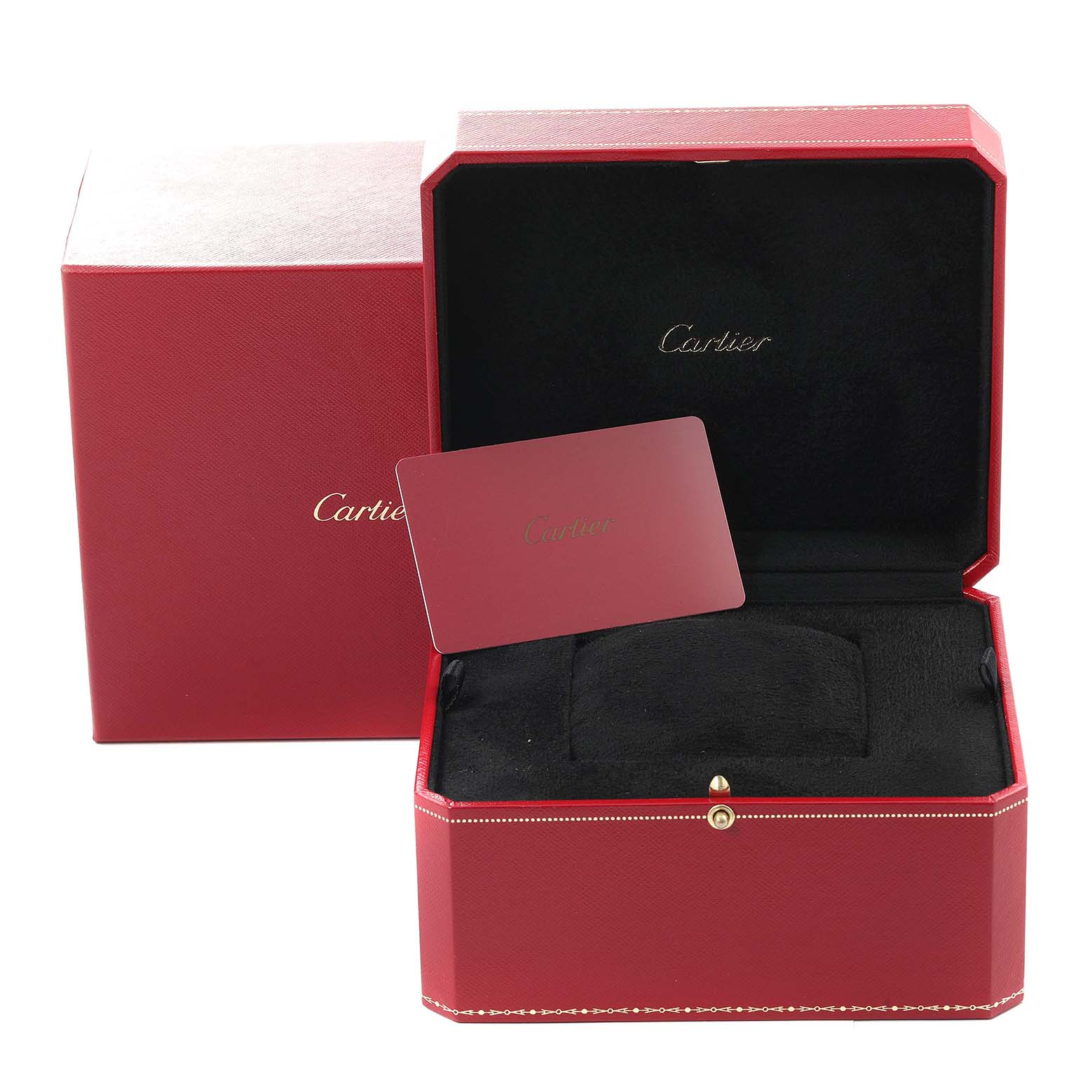 This image shows the packaging and display case for the Cartier Tortue WE400131 Women
s White Gold Silver Dial WE400131 Women
s White Gold Silver Dial model watch, including the box and a card.