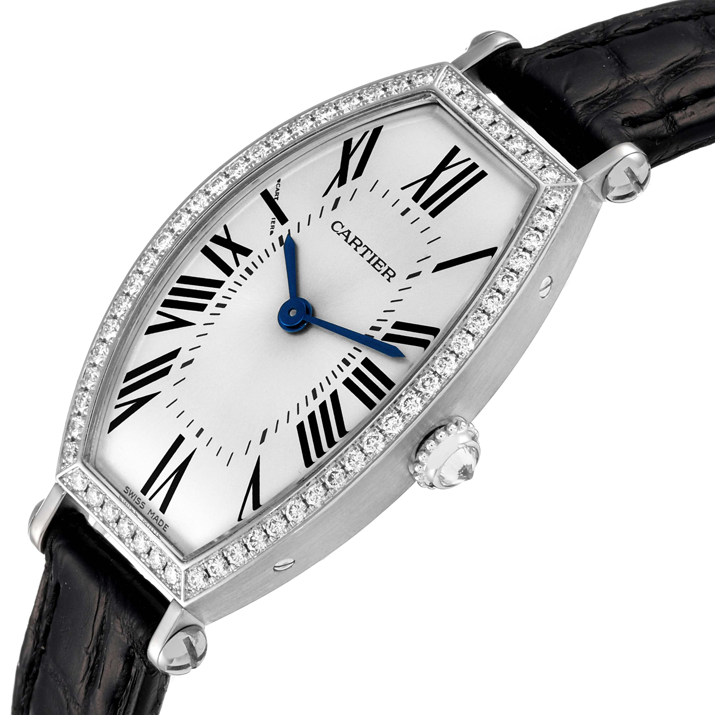 The image shows a Cartier Tortue WE400131 Women
s White Gold Silver Dial WE400131 Women
s White Gold Silver Dial watch at a slight angle, highlighting the face, diamond bezel, and part of the strap.