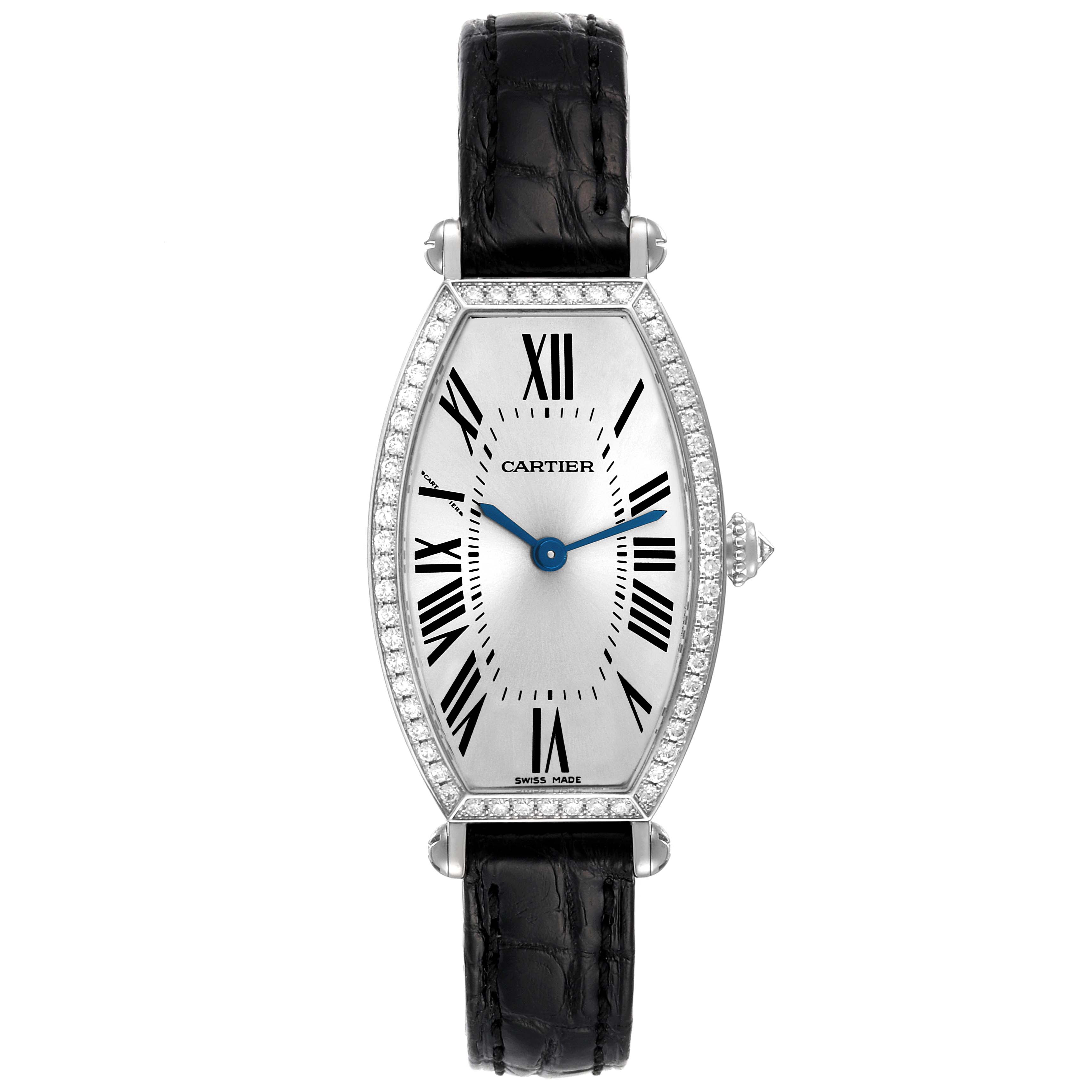 The image shows a Cartier Tortue WE400131 Women
s White Gold Silver Dial WE400131 Women
s White Gold Silver Dial watch from a front angle, displaying its oval-shaped face, Roman numerals, and black leather strap.