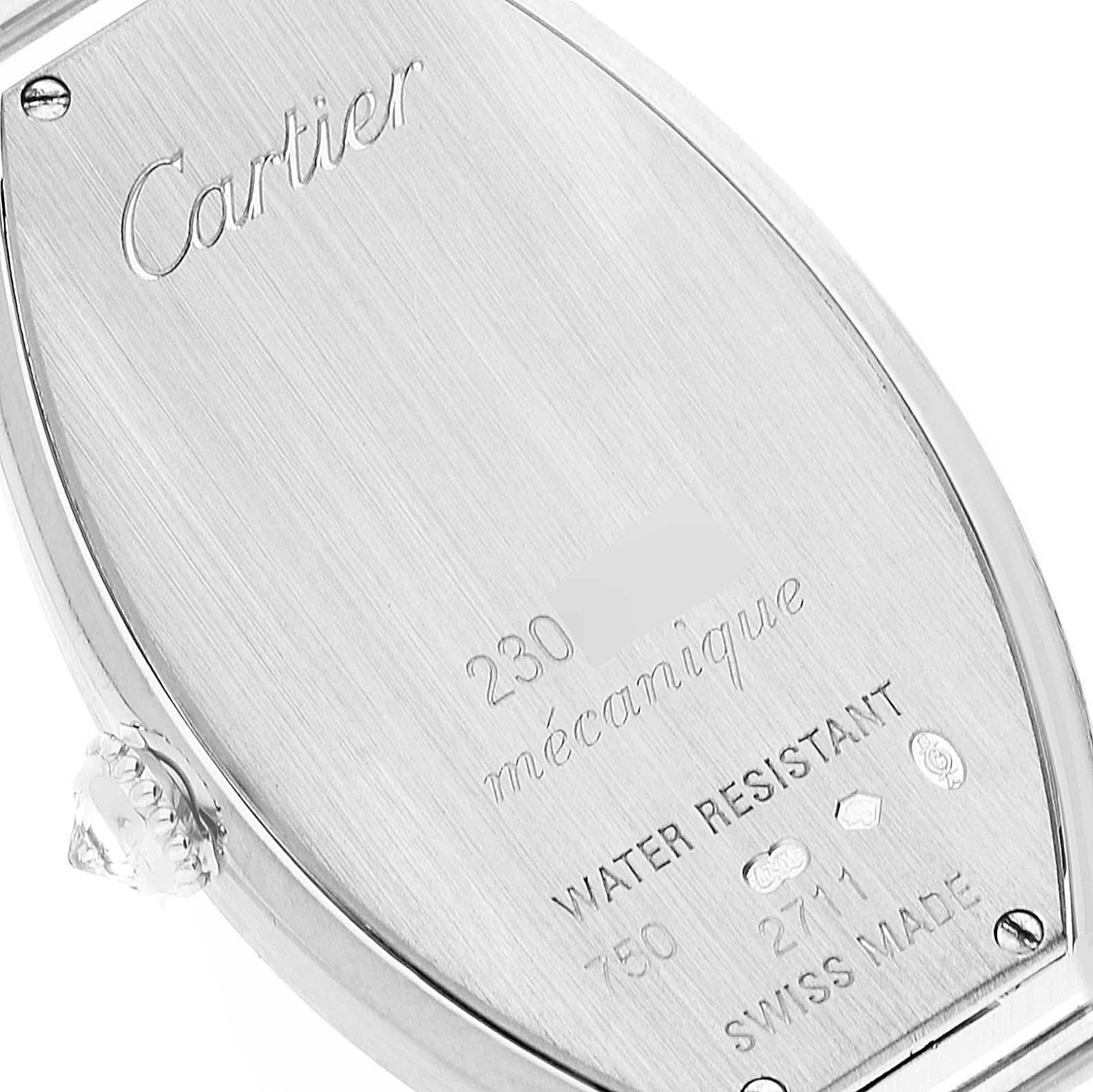 The image shows the back case of a Cartier Tortue WE400131 Women
s White Gold Silver Dial WE400131 Women
s White Gold Silver Dial watch at a slight angle, highlighting the brand engraving and specifications.