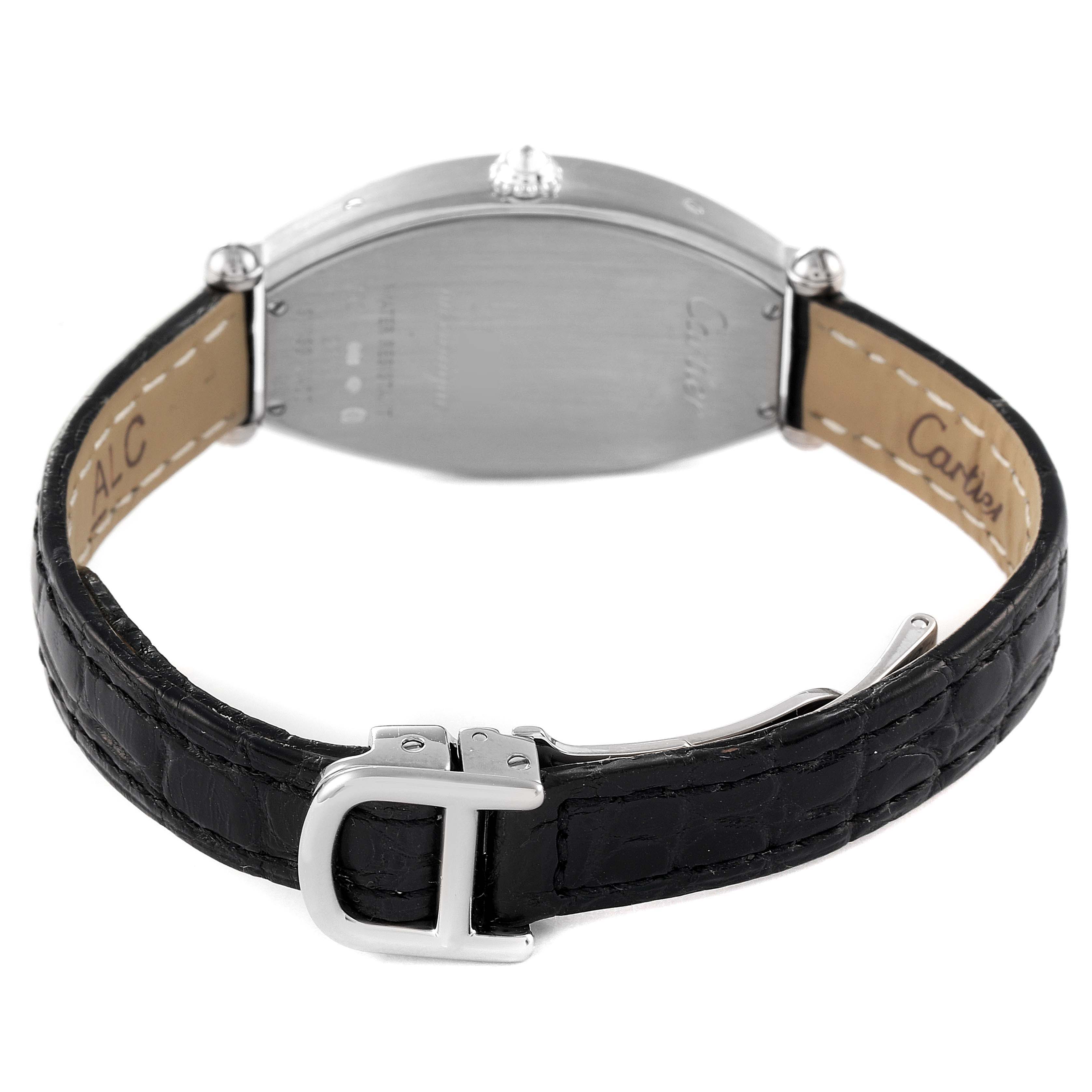 The image shows the back view and strap of a Cartier Tortue WE400131 Women
s White Gold Silver Dial WE400131 Women
s White Gold Silver Dial watch, highlighting the buckle and case back.