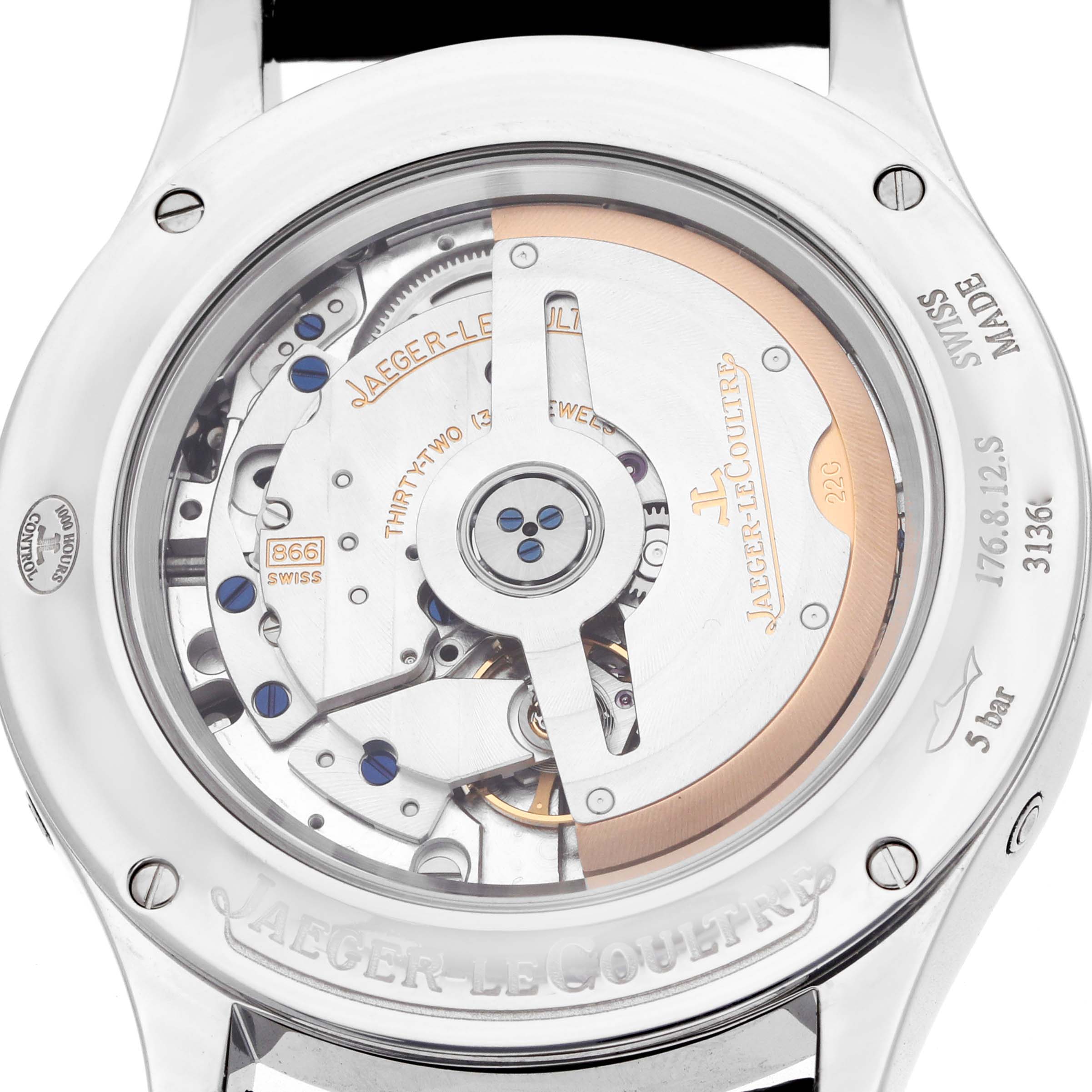 The image shows the back view of a Jaeger-LeCoultre Master model, highlighting its intricate movement and rotor.