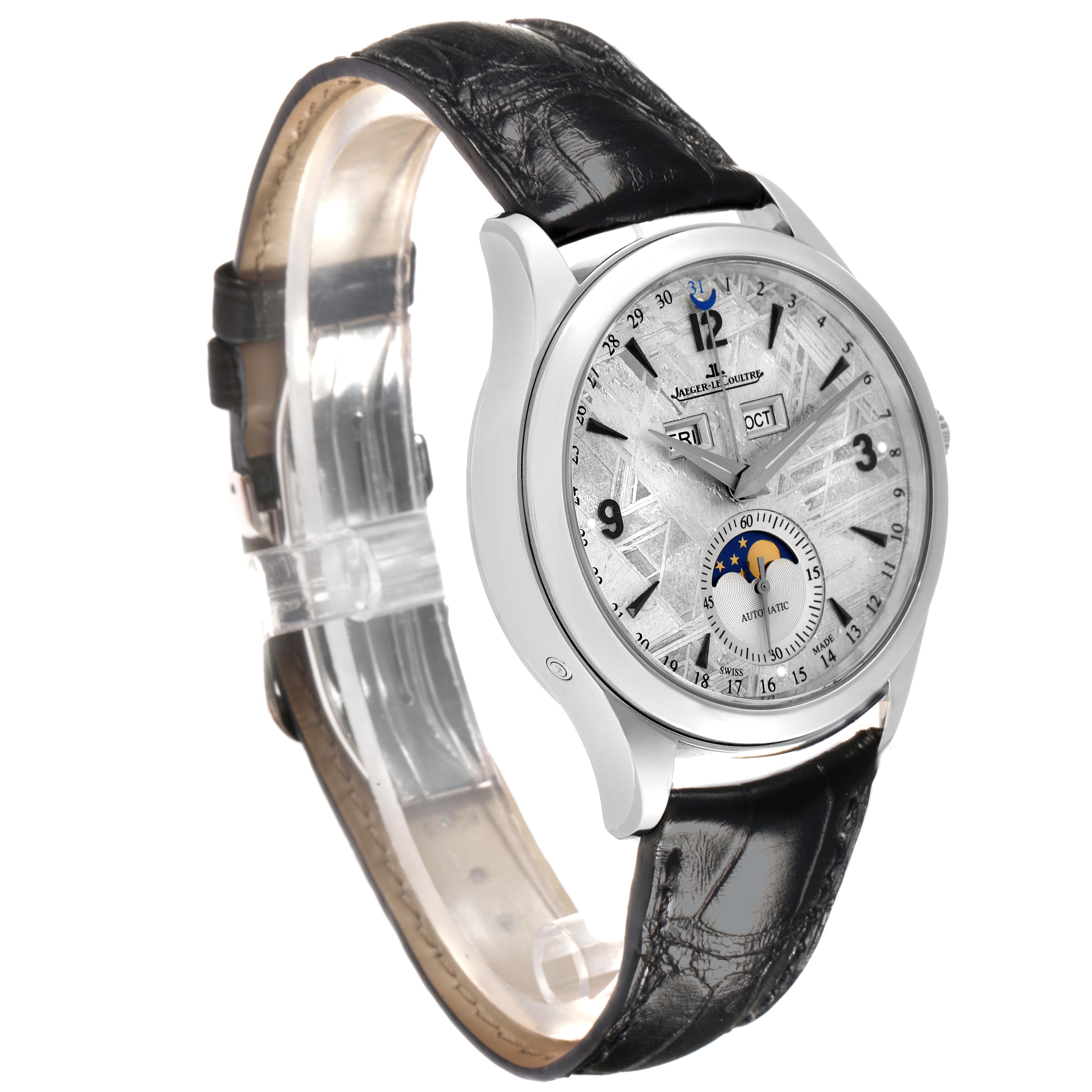 The Jaeger LeCoultre Master Q1558421 Men
s Stainless Steel Silver Dial watch is shown at a three-quarter angle highlighting the dial, case, and leather strap.