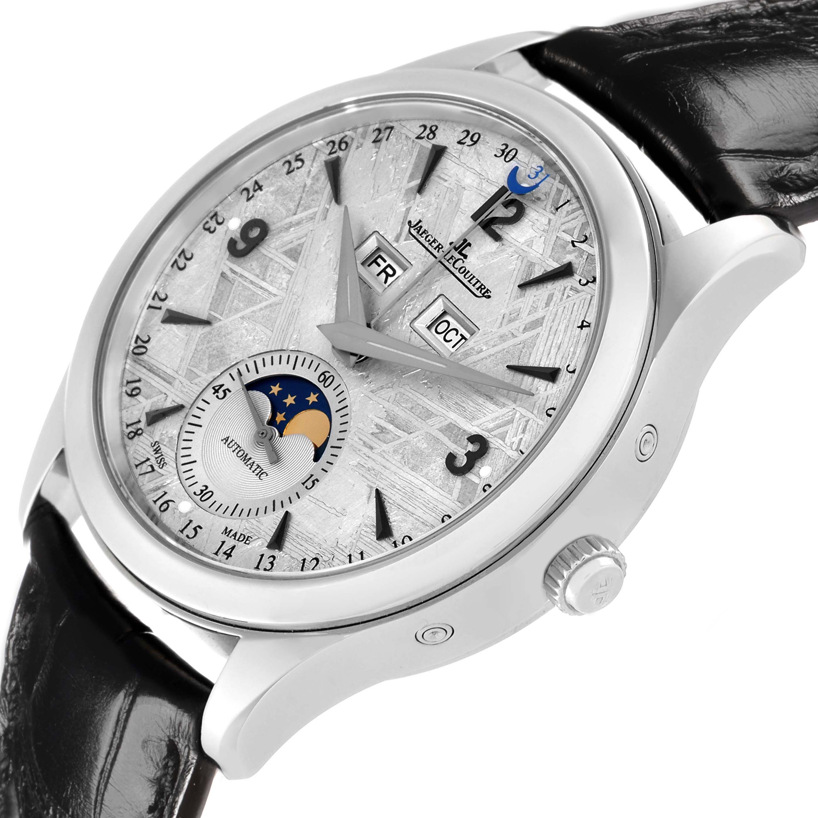 The Jaeger LeCoultre Master Q1558421 Men
s Stainless Steel Silver Dial watch is shown at an angled side view, displaying its face, crown, and leather strap.