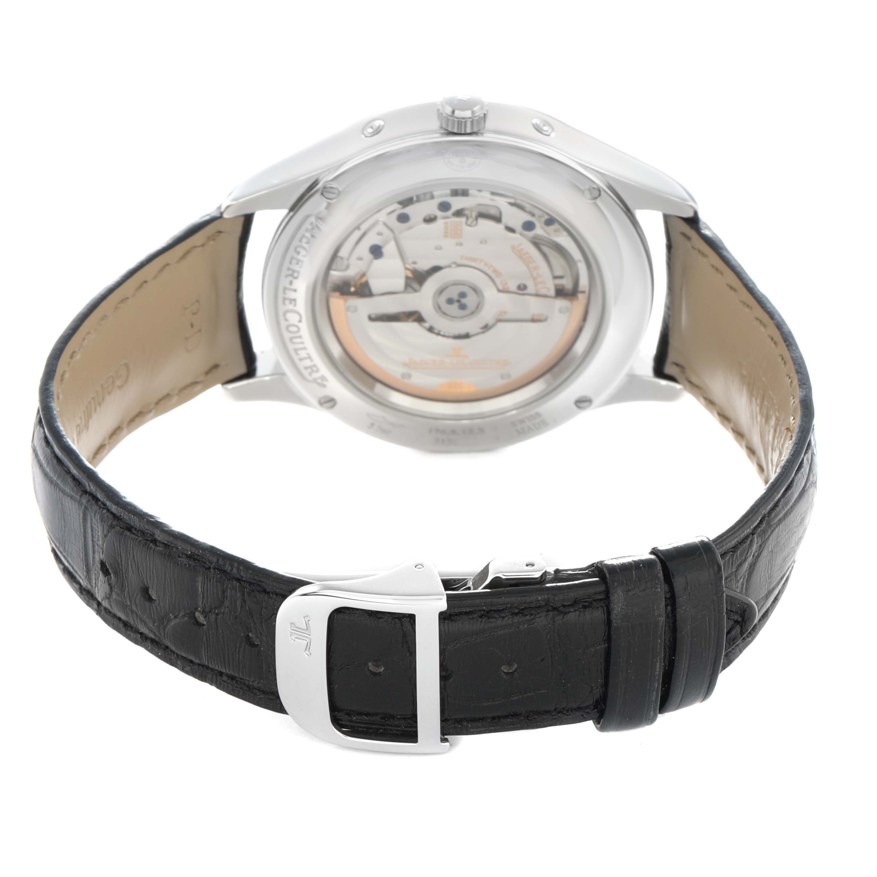 The Jaeger LeCoultre Master Q1558421 Men
s Stainless Steel Silver Dial model watch is shown from the rear, highlighting the exhibition case back and black leather strap with clasp.