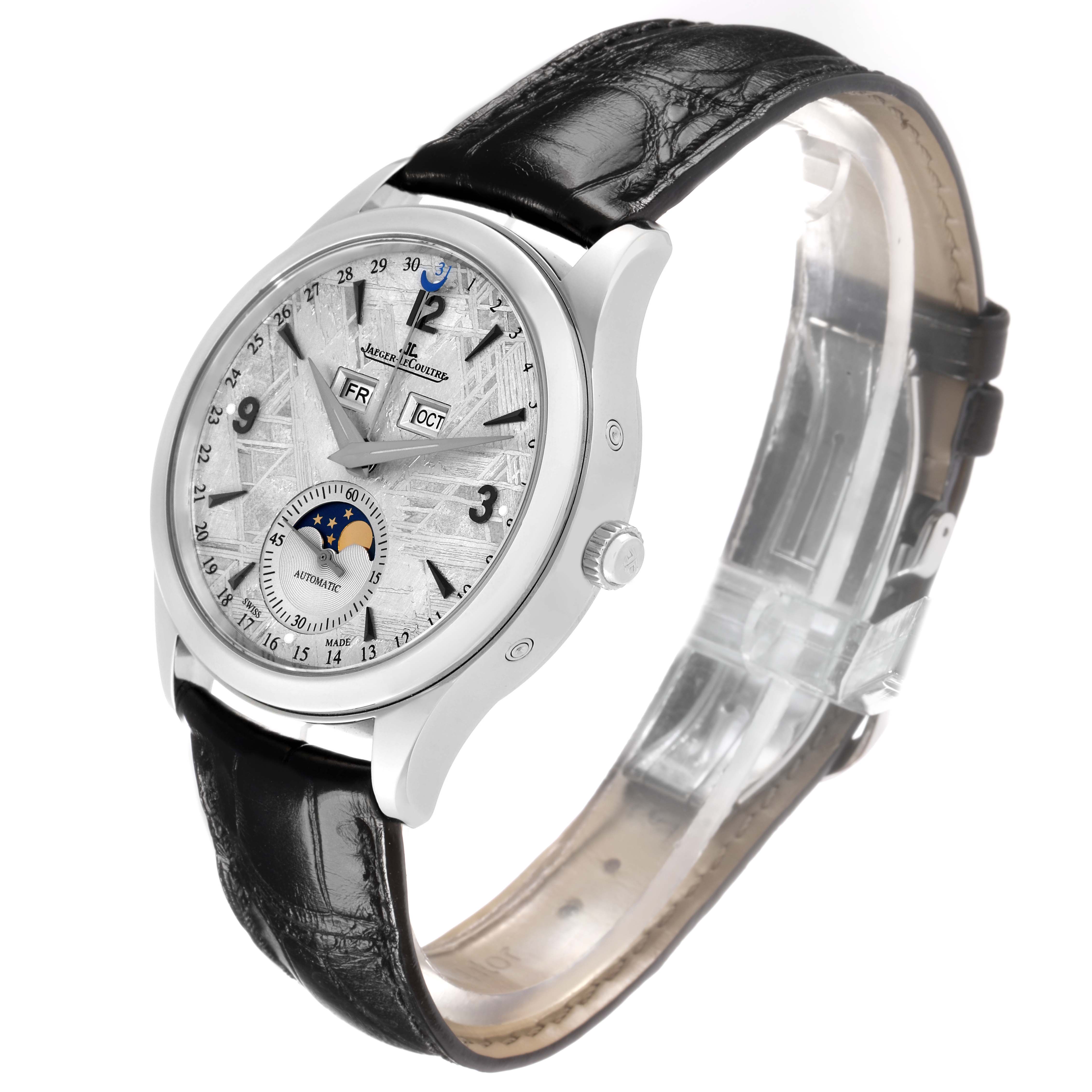 The Jaeger LeCoultre Master Q1558421 Men
s Stainless Steel Silver Dial model is shown at a three-quarter angle displaying the dial, crown, and leather strap.