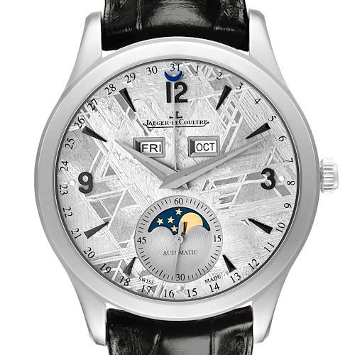 The Jaeger-LeCoultre Master watch is shown from the front, displaying the dial, hands, subdial, and date indicators.