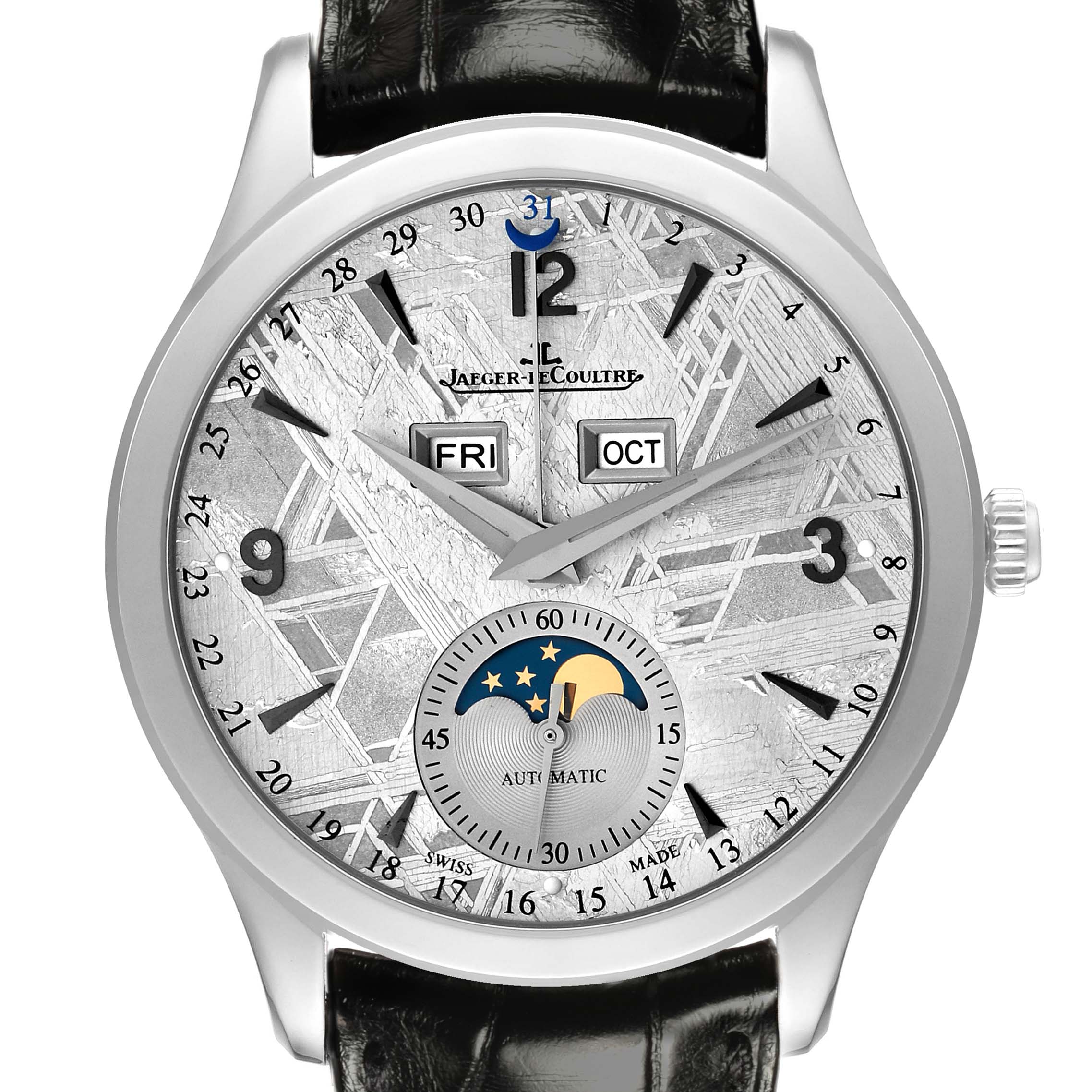 The Jaeger LeCoultre Master Q1558421 Men
s Stainless Steel Silver Dial watch is shown from the front, highlighting its dial, moon phase, date, day, and month displays.