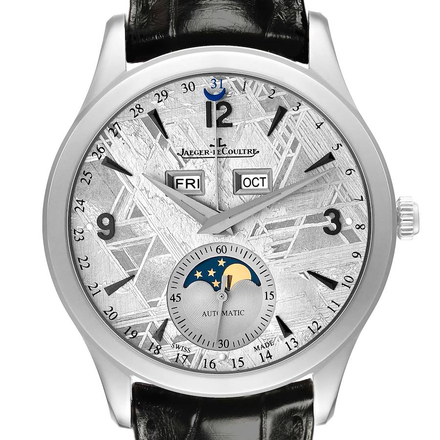 The Jaeger LeCoultre Master Q1558421 Men's Stainless Steel Silver Dial watch is shown from the front, highlighting its dial, moon phase, date, day, and month displays.