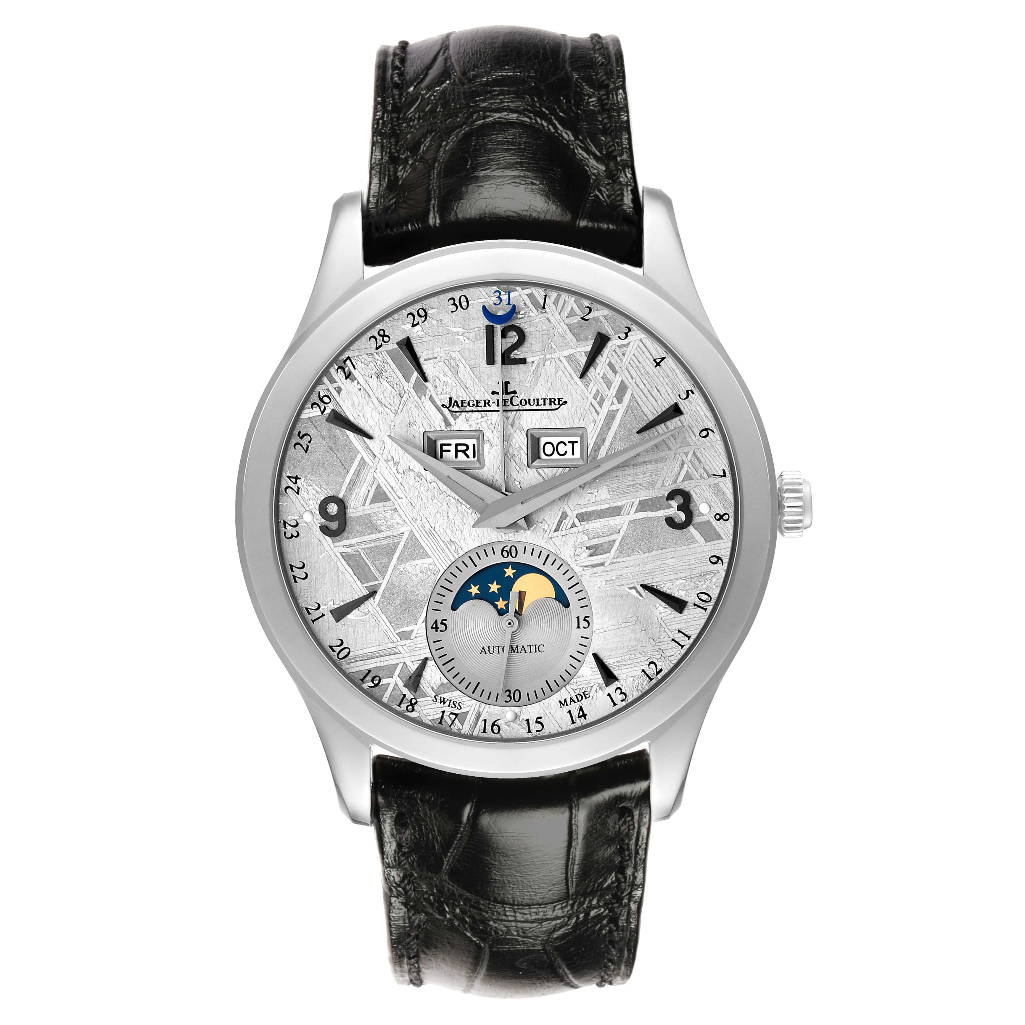 The Jaeger LeCoultre Master Q1558421 Men
s Stainless Steel Silver Dial model is shown from a front angle, displaying the dial, hands, date, and moon phase.