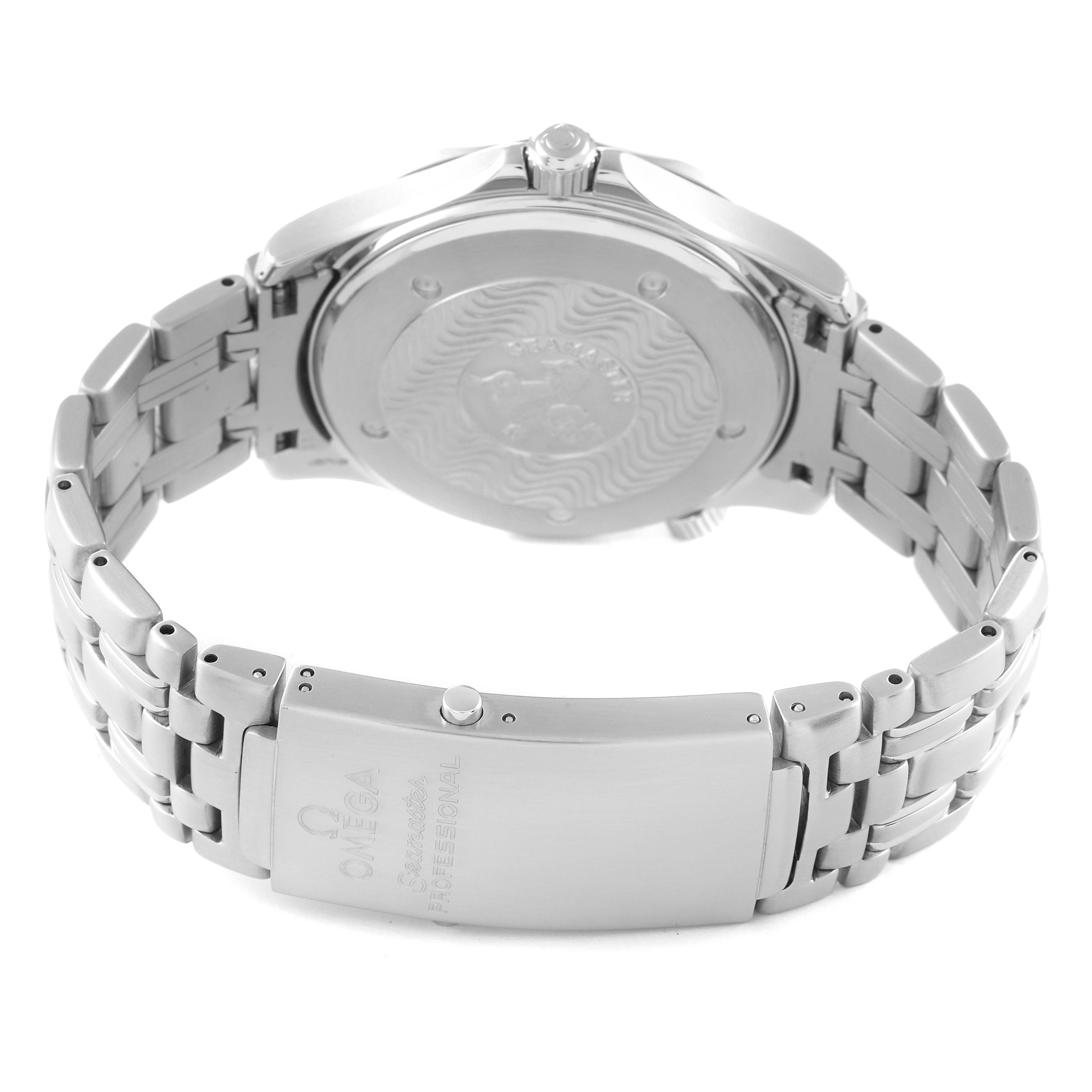 The image shows the back and side of an Omega Seamaster 2531.80.00 Men's Stainless Steel Blue Dial 2531.80.00 Men's Stainless Steel Blue Dial watch, highlighting the bracelet, clasp, and caseback.