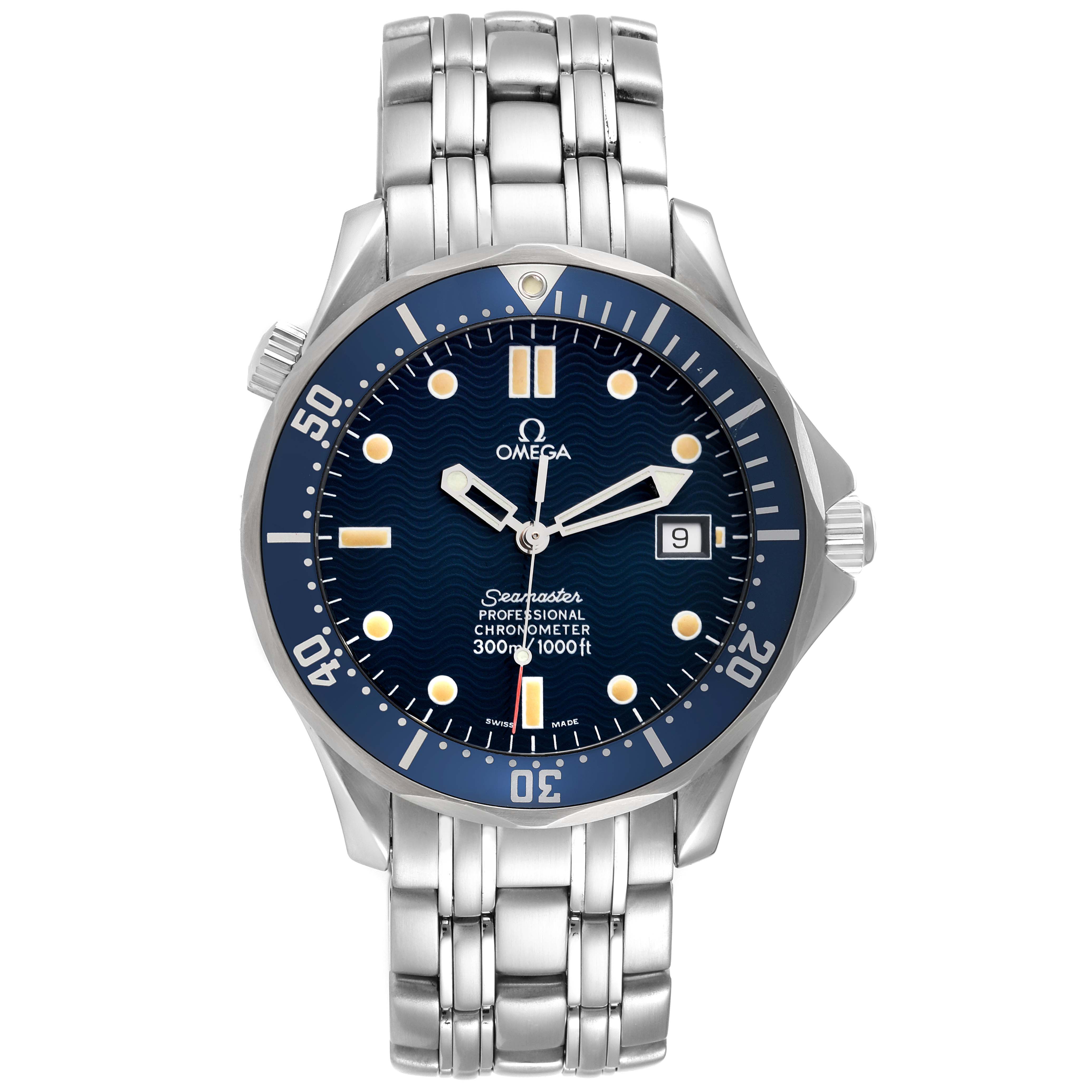 The image shows a front view of the Omega Seamaster 2531.80.00 Men's Stainless Steel Blue Dial 2531.80.00 Men's Stainless Steel Blue Dial watch, displaying the face, bezel, and parts of the band.