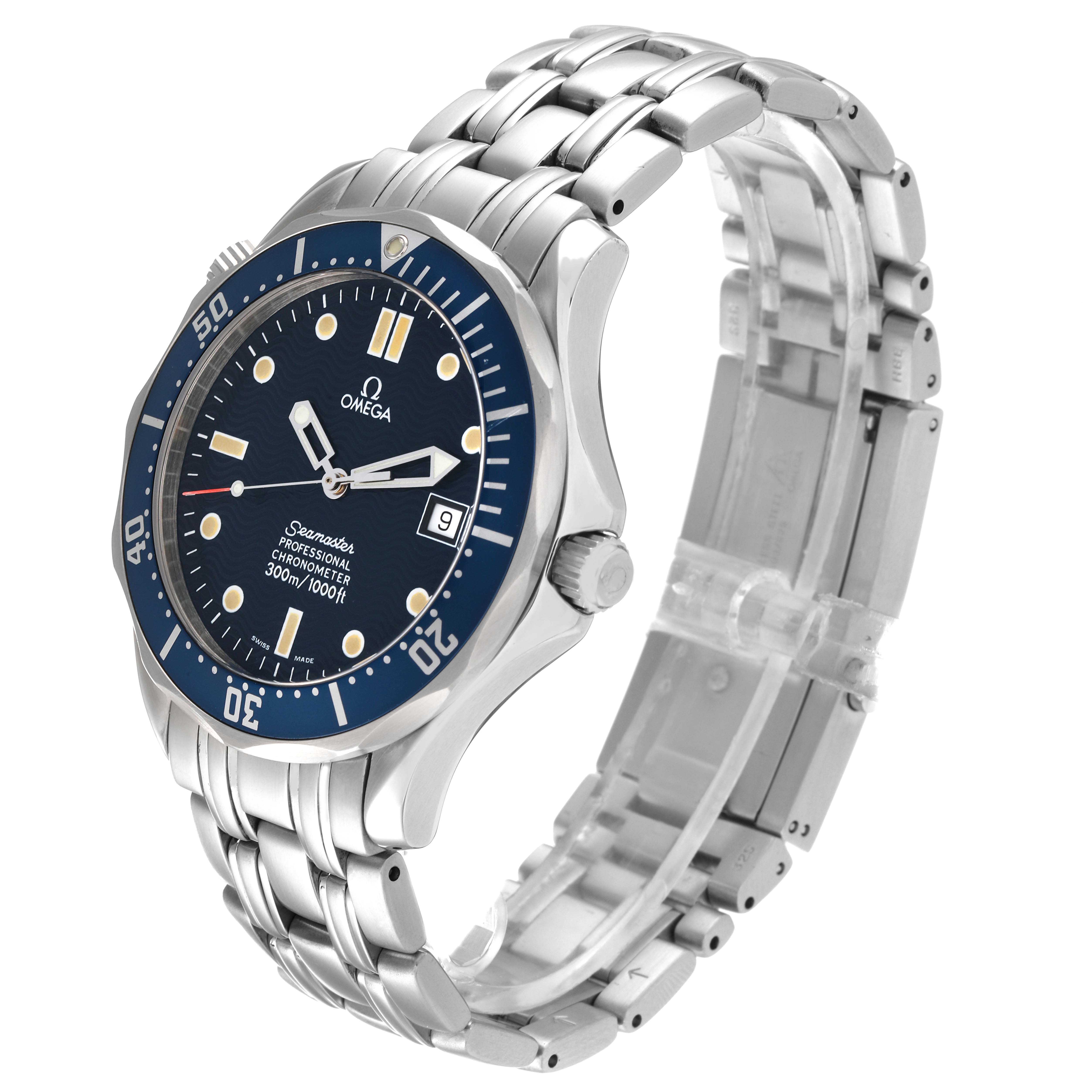 The image shows an Omega Seamaster 2531.80.00 Men's Stainless Steel Blue Dial 2531.80.00 Men's Stainless Steel Blue Dial model watch at a front-left angle, displaying its face, bezel, crown, and metal bracelet.
