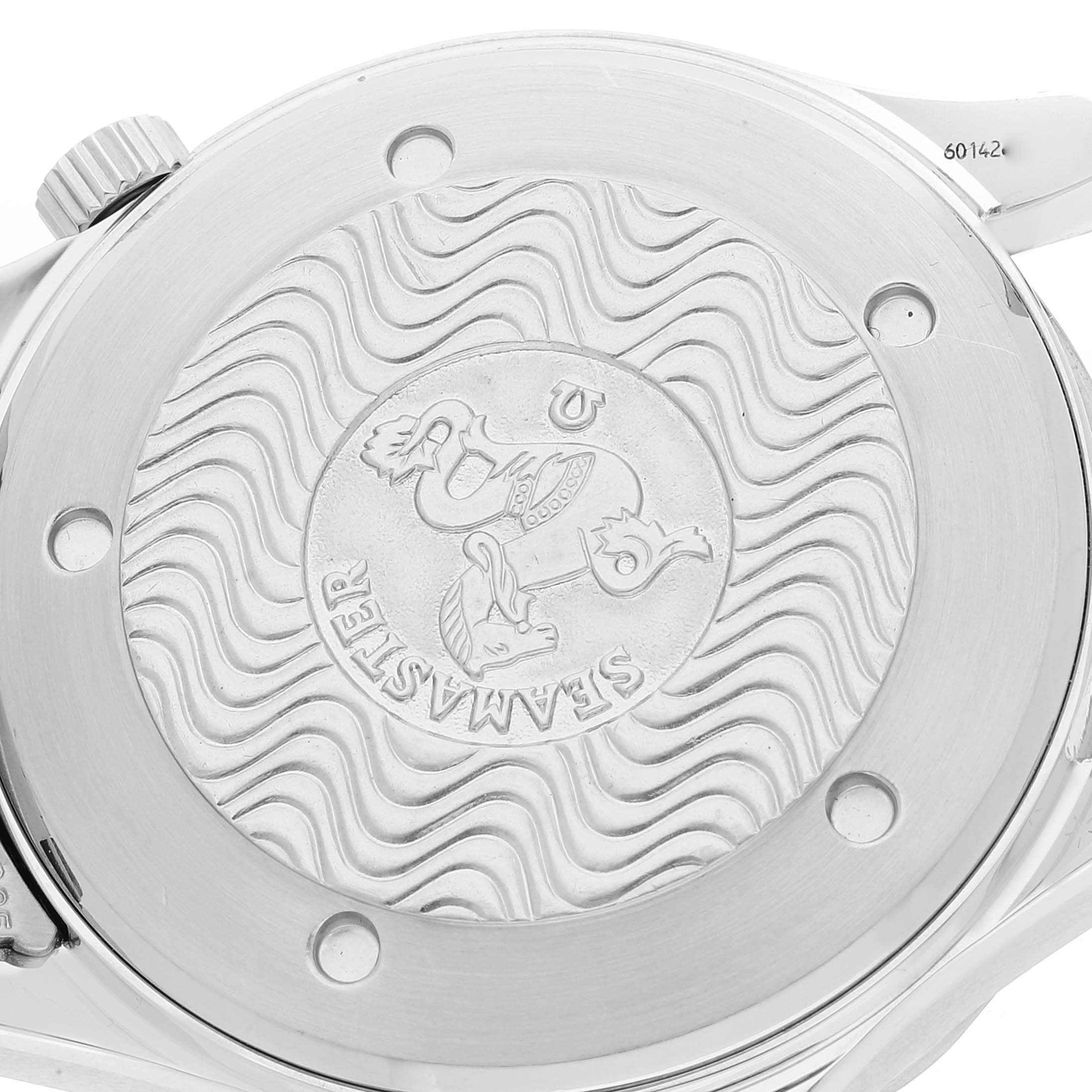 The image shows the back case of an Omega Seamaster 2531.80.00 Men's Stainless Steel Blue Dial 2531.80.00 Men's Stainless Steel Blue Dial watch with its distinctive wavy pattern.