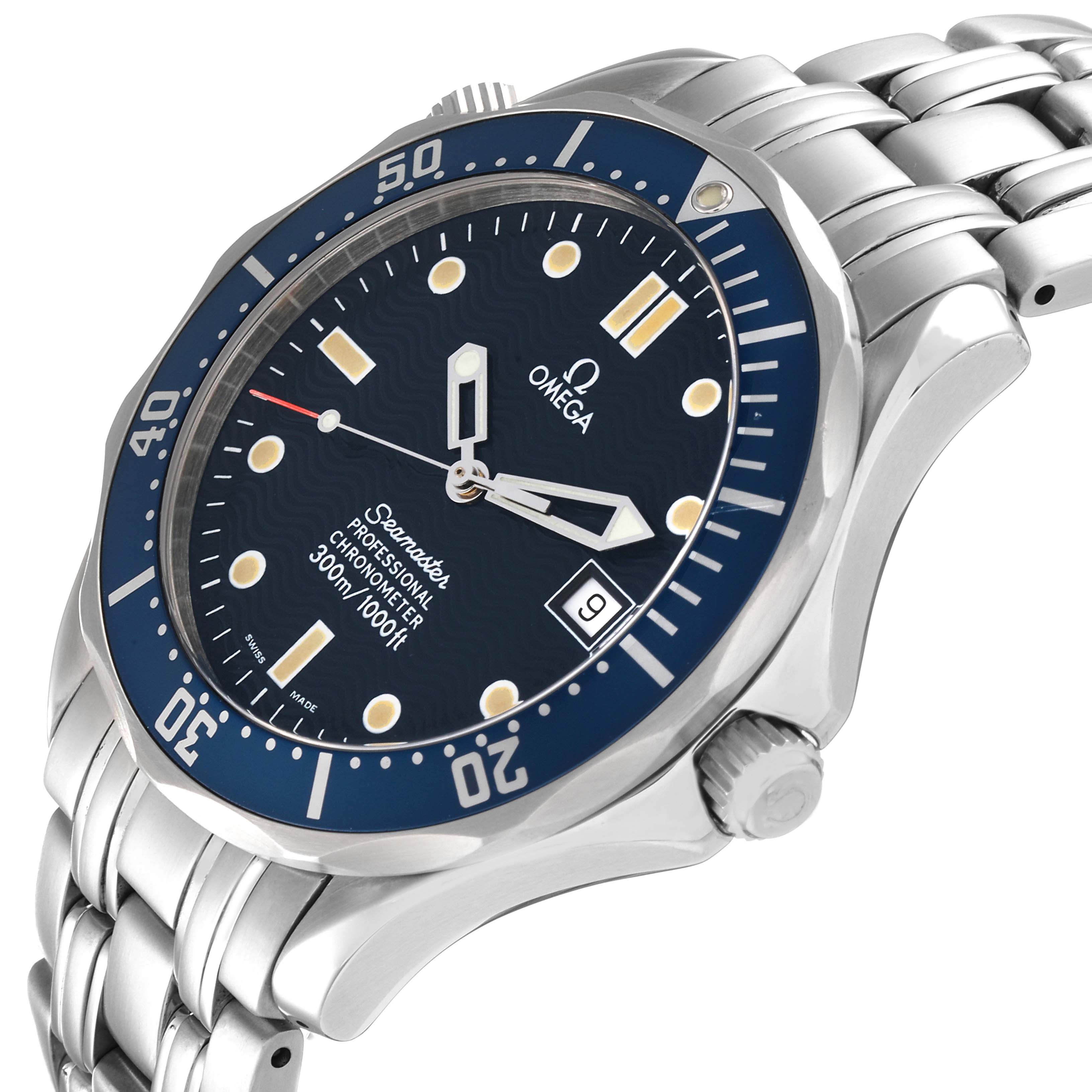 This is an angled view of the Omega Seamaster 2531.80.00 Men's Stainless Steel Blue Dial 2531.80.00 Men's Stainless Steel Blue Dial, showing its dial, bezel, case, crown, and part of the bracelet.