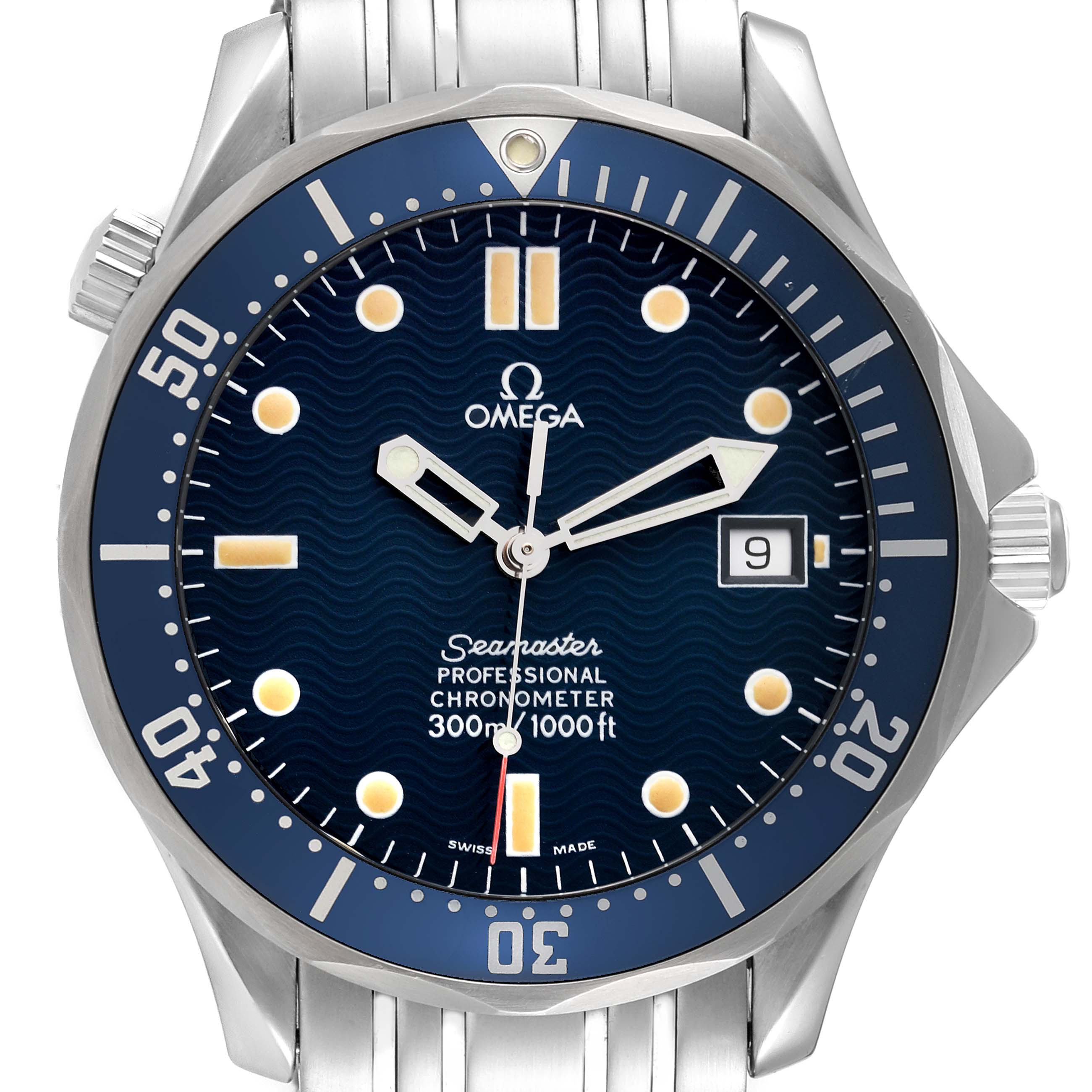 The image shows the front view of an Omega Seamaster 2531.80.00 Men's Stainless Steel Blue Dial 2531.80.00 Men's Stainless Steel Blue Dial watch, displaying its blue dial, bezel, and steel bracelet.