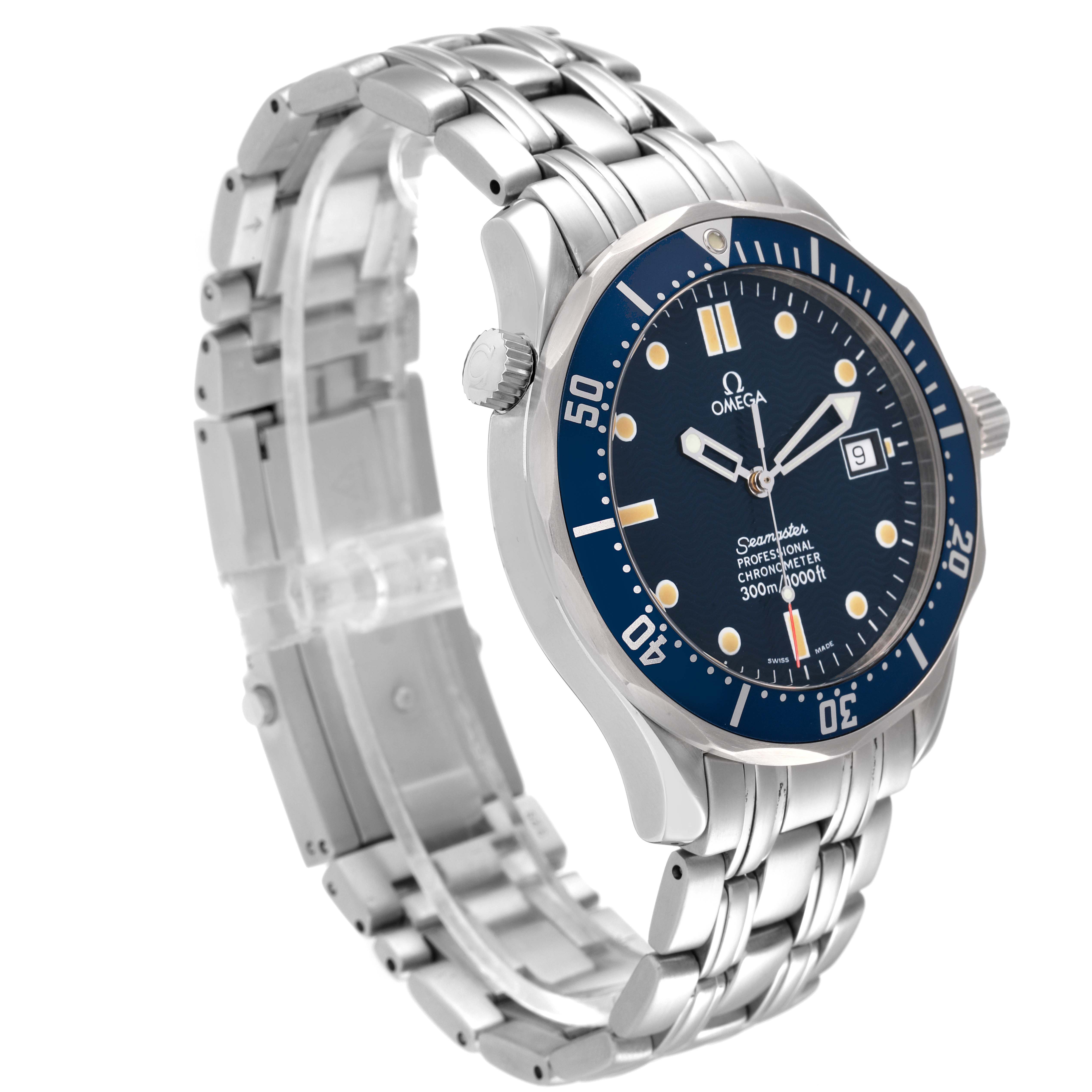 The image shows a side angle of the Omega Seamaster 2531.80.00 Men's Stainless Steel Blue Dial 2531.80.00 Men's Stainless Steel Blue Dial watch, highlighting its face, bezel, and bracelet.