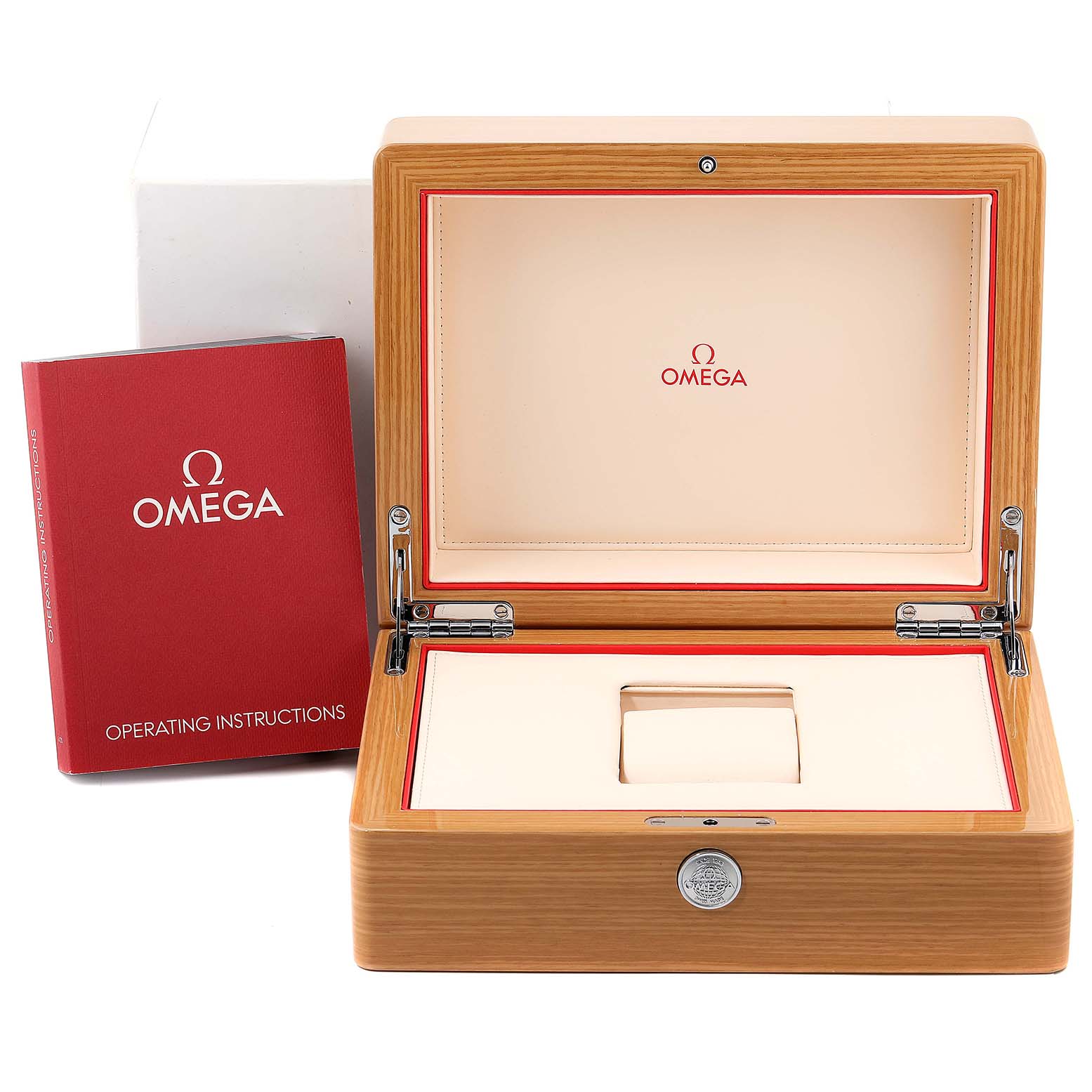 The image shows an open Omega Seamaster 212.30.41.20.01.003 Men
s Stainless Steel Black Dial 212.30.41.20.01.003 Men
s Stainless Steel Black Dial watch box and an accompanying red operating instructions manual.