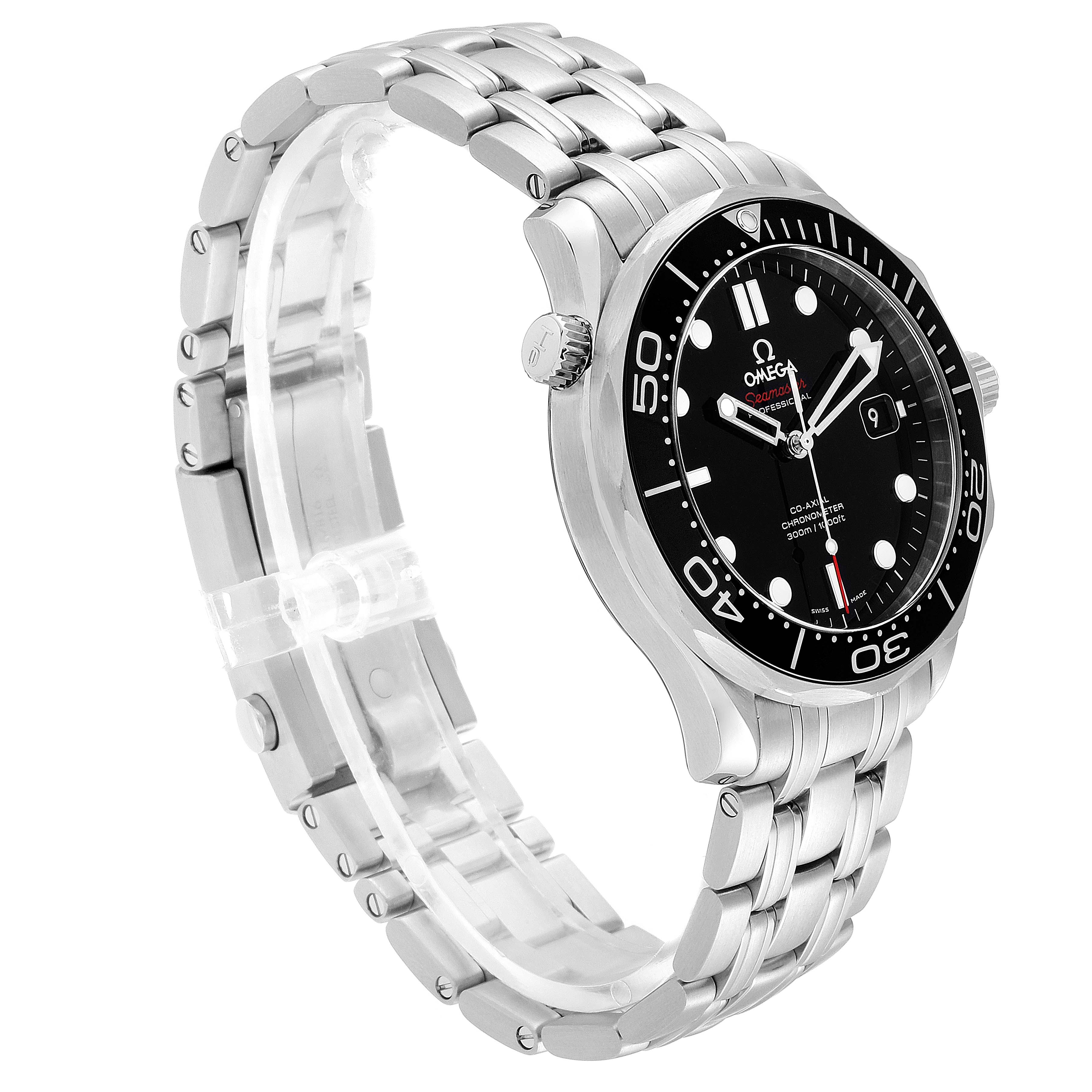 The image shows a side angle of the Omega Seamaster 212.30.41.20.01.003 Men
s Stainless Steel Black Dial 212.30.41.20.01.003 Men
s Stainless Steel Black Dial watch, highlighting the case, bezel, dial, and stainless steel bracelet.