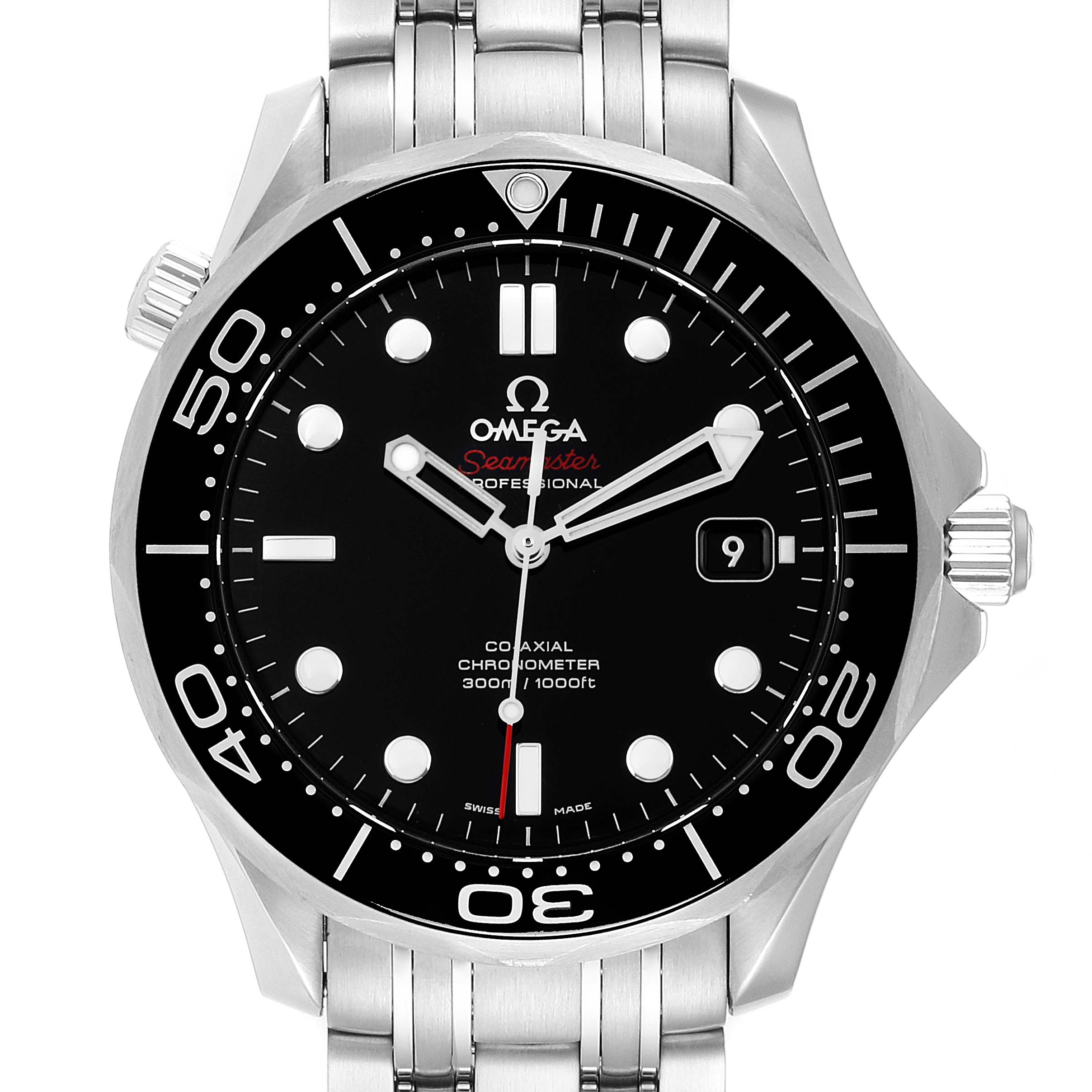 The image shows a front view of the Omega Seamaster 212.30.41.20.01.003 Men
s Stainless Steel Black Dial 212.30.41.20.01.003 Men
s Stainless Steel Black Dial Professional watch, highlighting its dial, bezel, and bracelet.