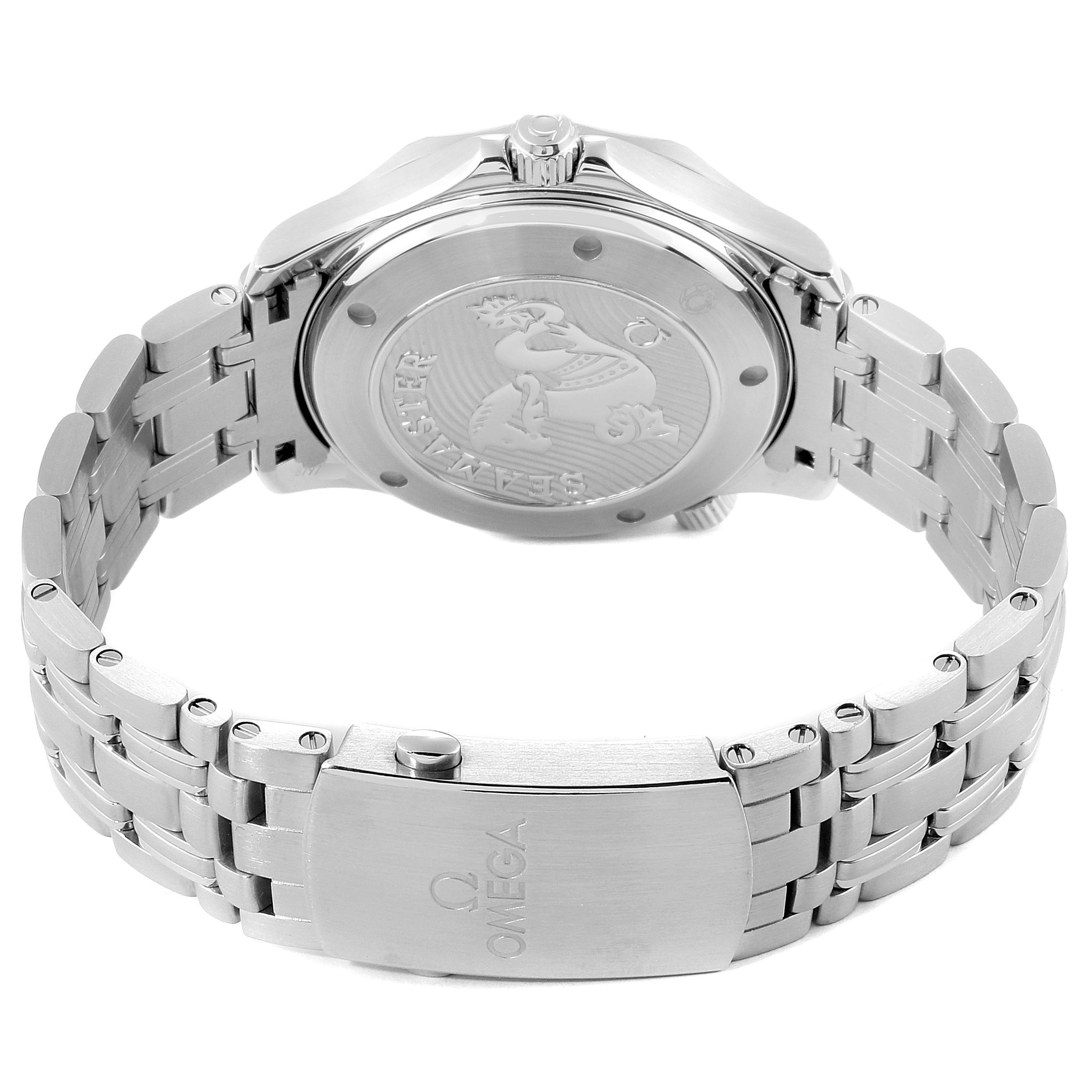 The image shows the back case and bracelet of an Omega Seamaster 212.30.41.20.01.003 Men
s Stainless Steel Black Dial 212.30.41.20.01.003 Men
s Stainless Steel Black Dial watch, highlighting the clasp and the engraved back.