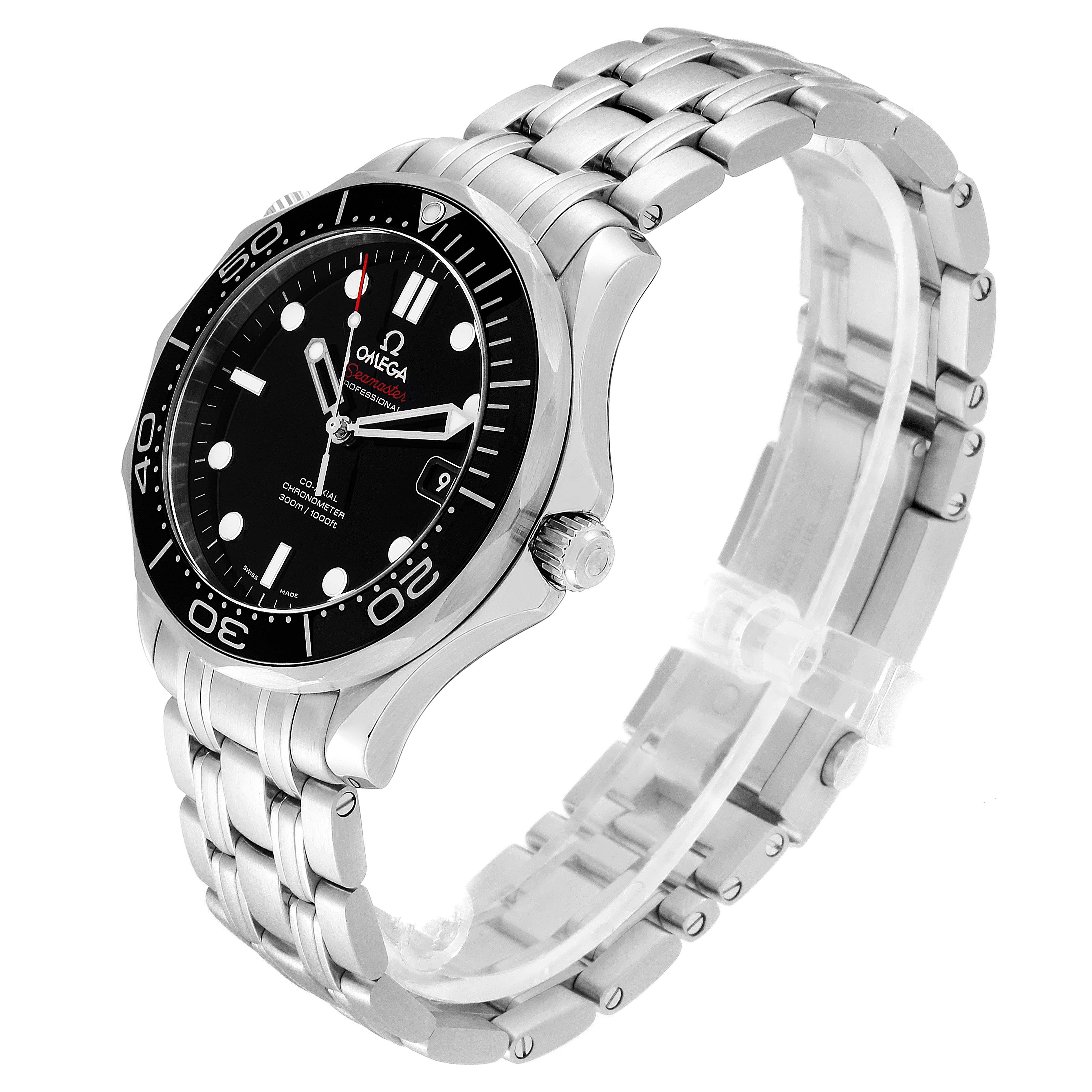 The image shows an angled side view of an Omega Seamaster 212.30.41.20.01.003 Men
s Stainless Steel Black Dial 212.30.41.20.01.003 Men
s Stainless Steel Black Dial watch, featuring its black dial, bezel, and stainless steel bracelet.