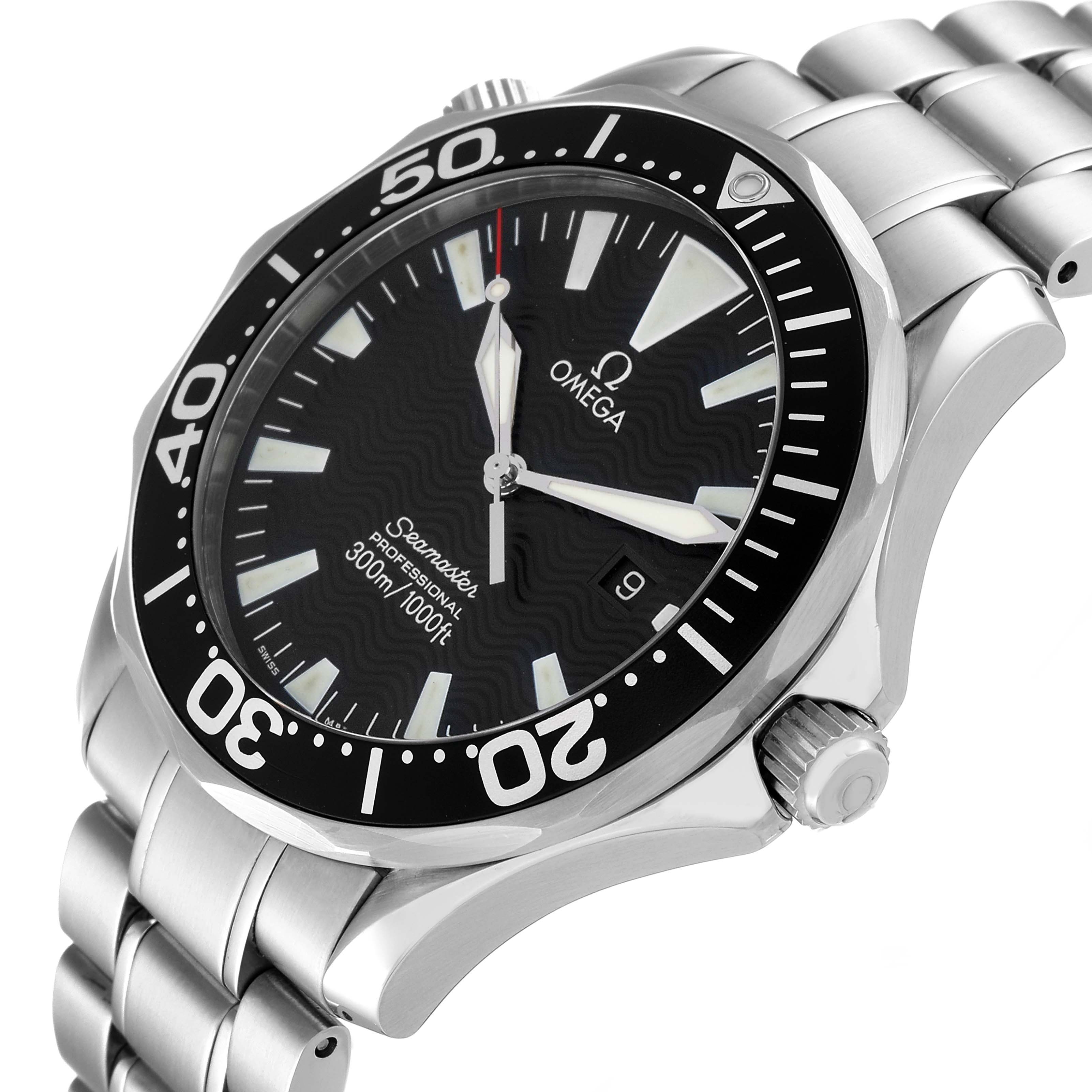 The image shows an Omega Seamaster 2264.50.00 Men's Stainless Steel Black Dial 2264.50.00 Men's Stainless Steel Black Dial watch at a slight angle from the front, highlighting the dial, bezel, crown, and part of the bracelet.