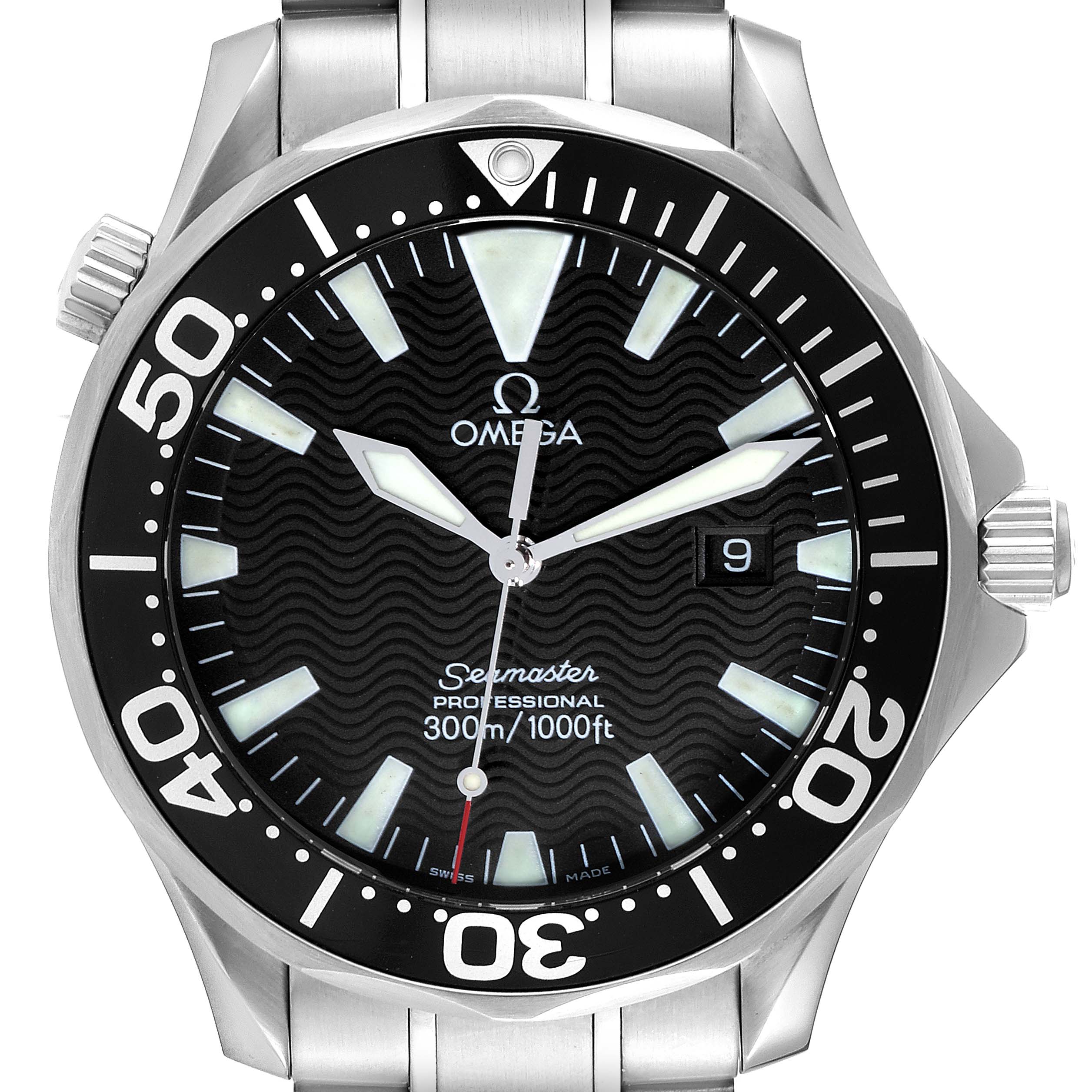 The image shows a frontal view of the Omega Seamaster 2264.50.00 Men's Stainless Steel Black Dial 2264.50.00 Men's Stainless Steel Black Dial watch, displaying the dial, bezel, and part of the stainless steel bracelet.