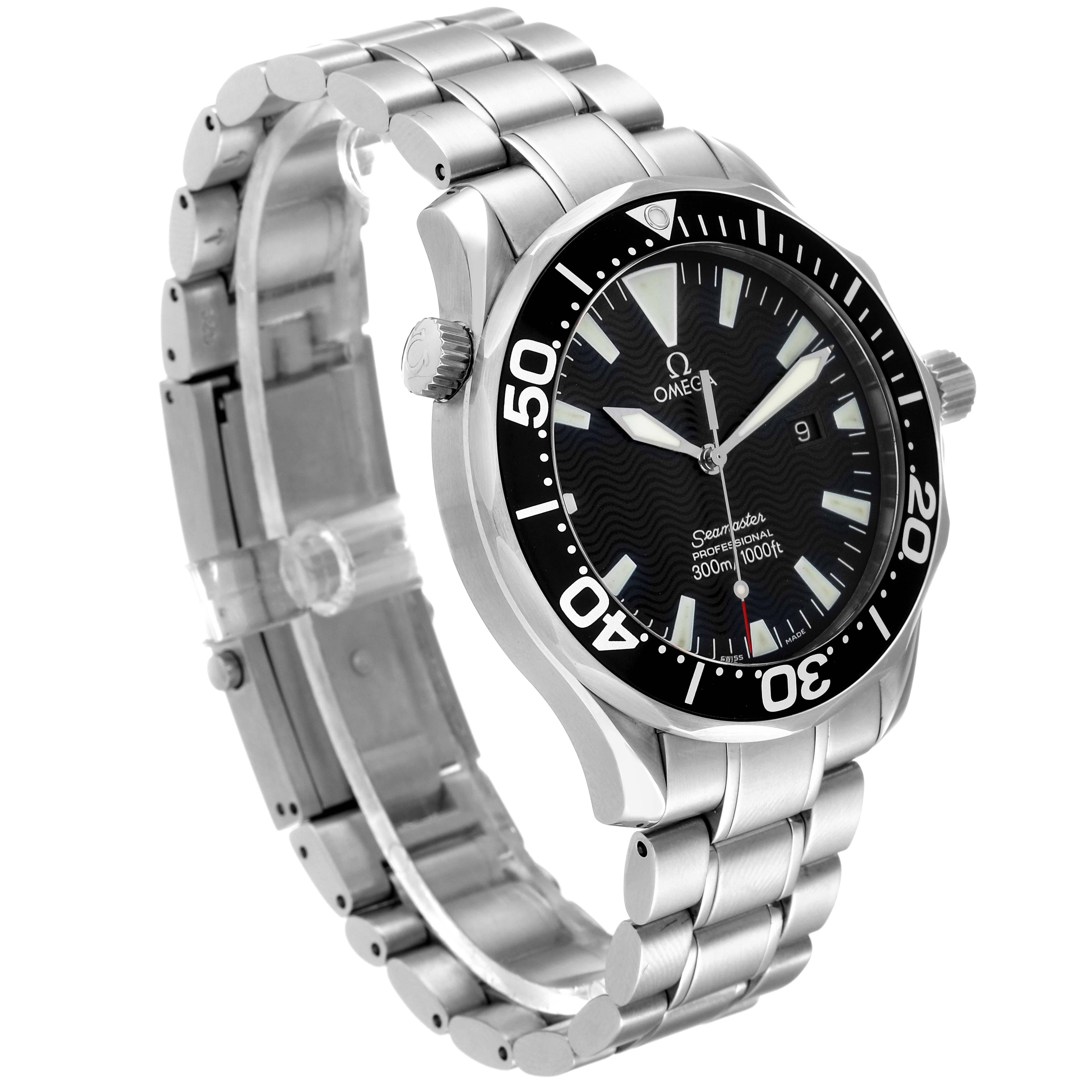 The Omega Seamaster 2264.50.00 Men's Stainless Steel Black Dial 2264.50.00 Men's Stainless Steel Black Dial watch is shown at a three-quarter angle, displaying its dial, bezel, crown, and bracelet in full view.