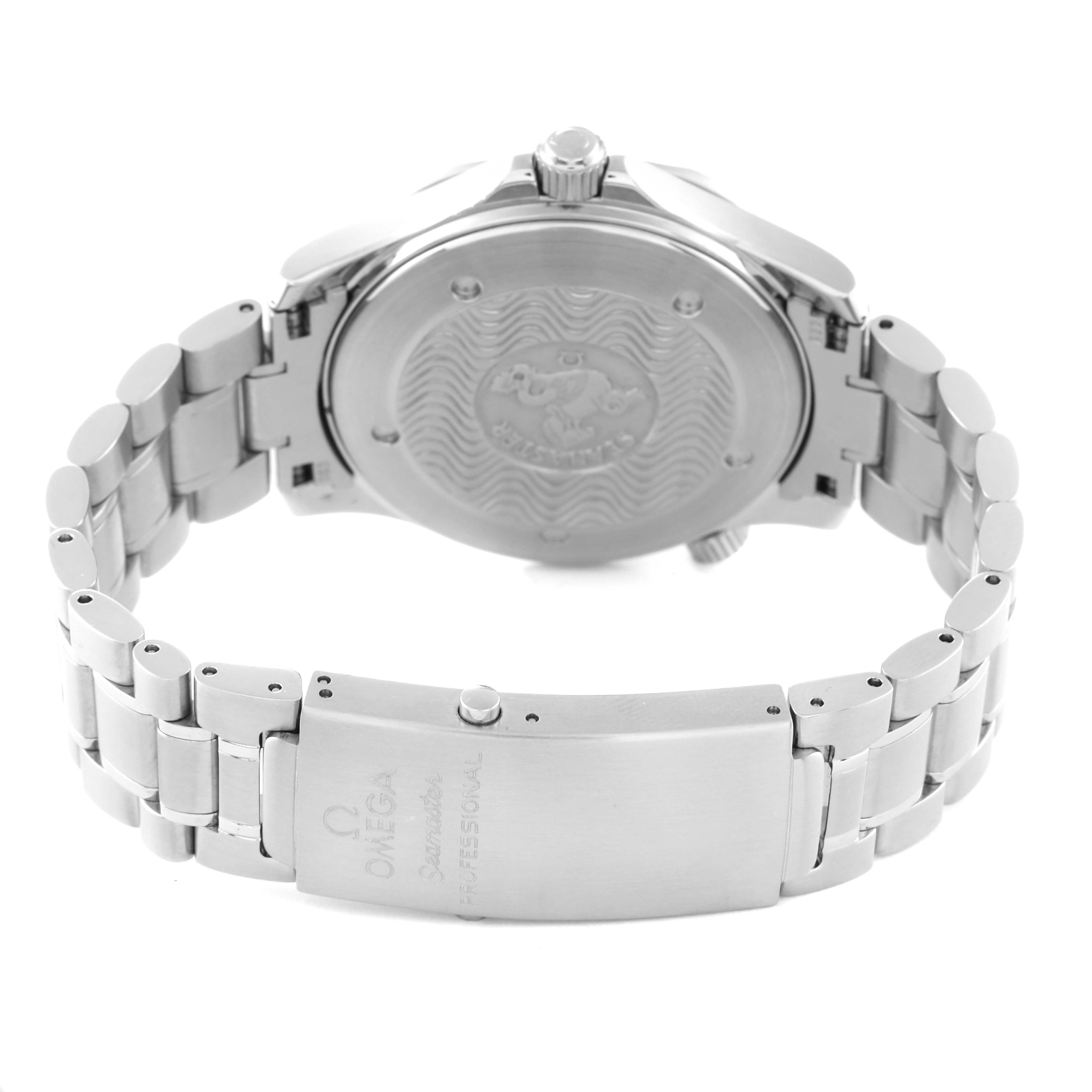 This image shows the back and clasp of an Omega Seamaster 2264.50.00 Men's Stainless Steel Black Dial 2264.50.00 Men's Stainless Steel Black Dial watch, highlighting its stainless steel bracelet and engraved case back.