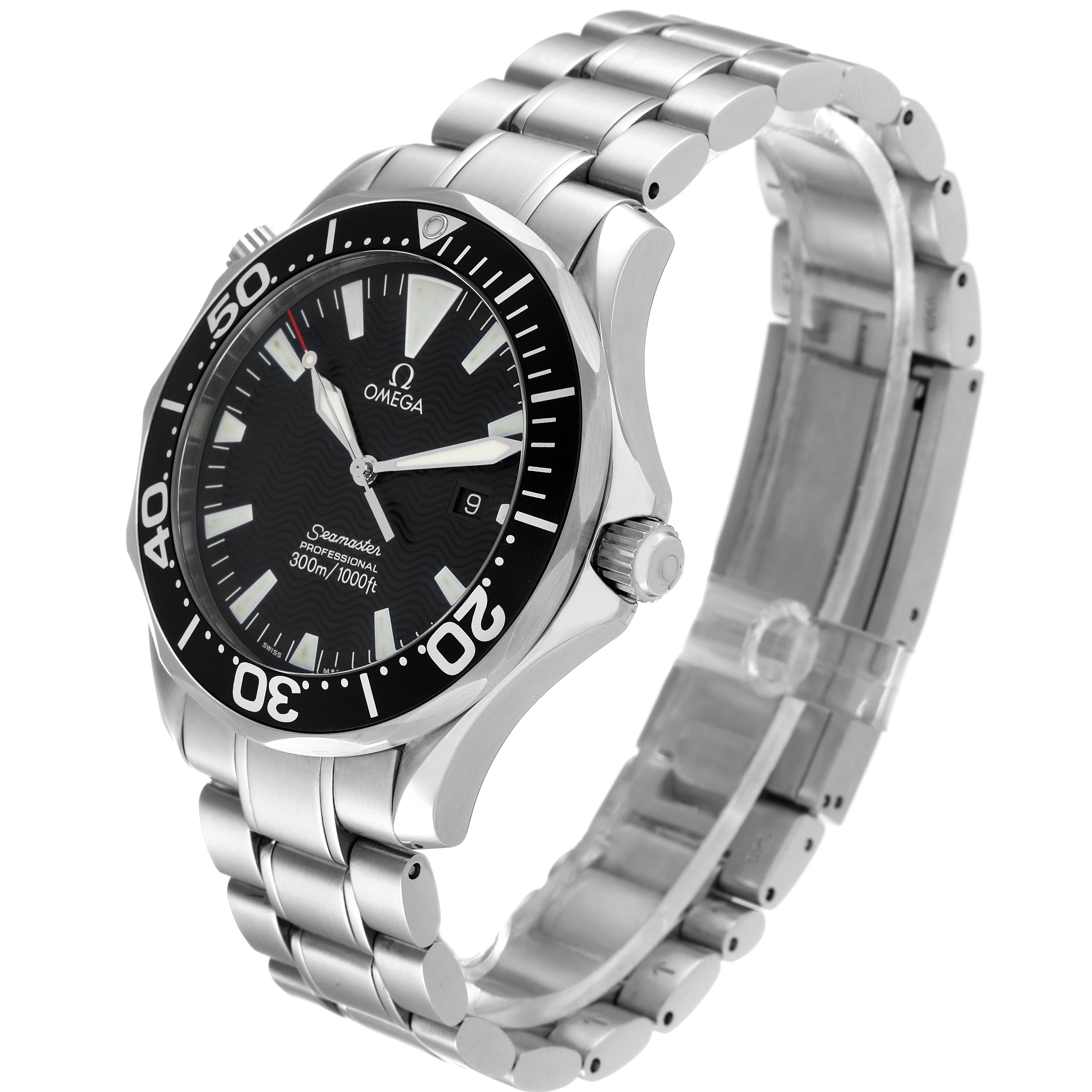 The image shows an angled side view of the Omega Seamaster 2264.50.00 Men's Stainless Steel Black Dial 2264.50.00 Men's Stainless Steel Black Dial watch, highlighting its stainless steel bracelet and black dial.