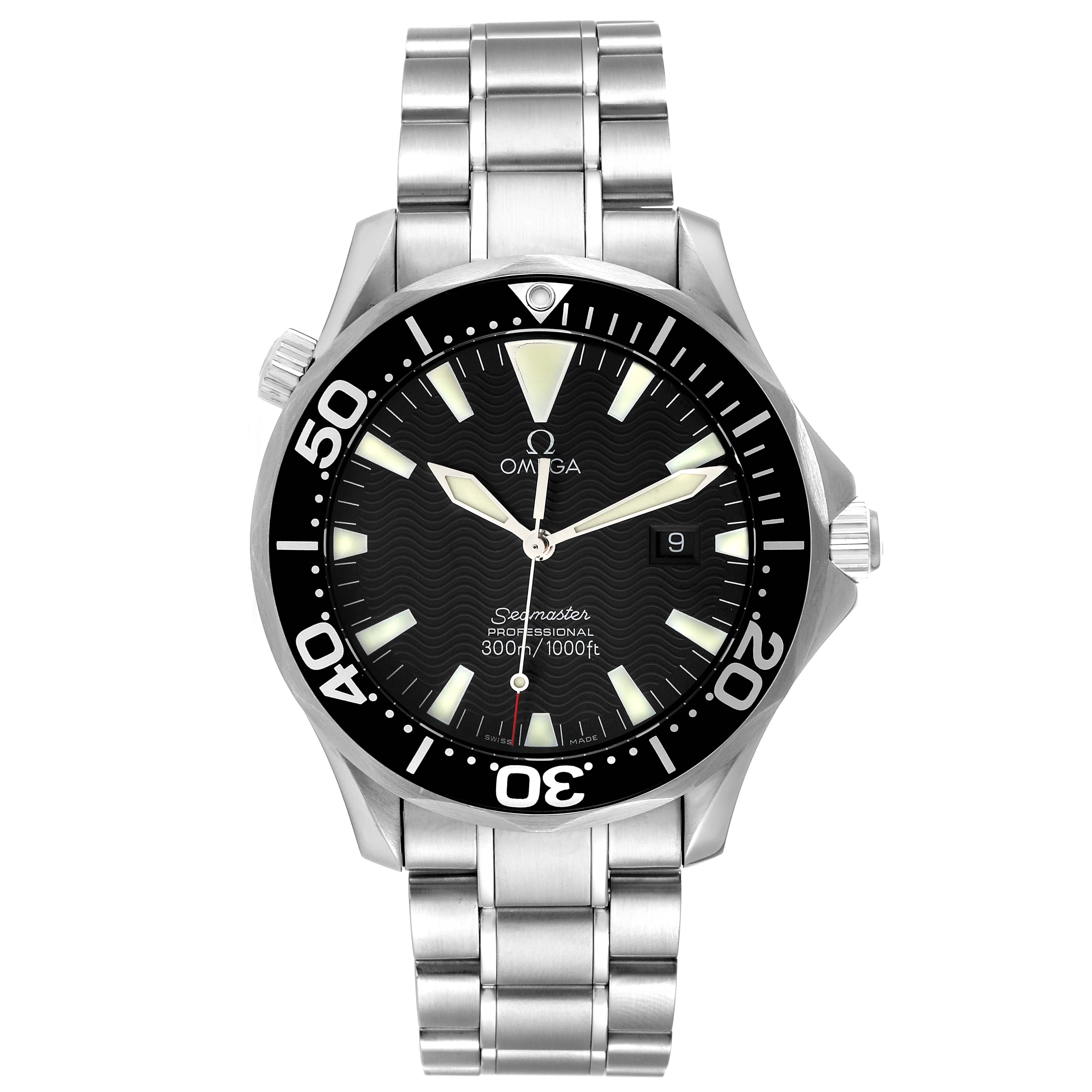 This Omega Seamaster 2264.50.00 Men's Stainless Steel Black Dial 2264.50.00 Men's Stainless Steel Black Dial watch is shown from a front angle, displaying the dial, bezel, and stainless steel bracelet.