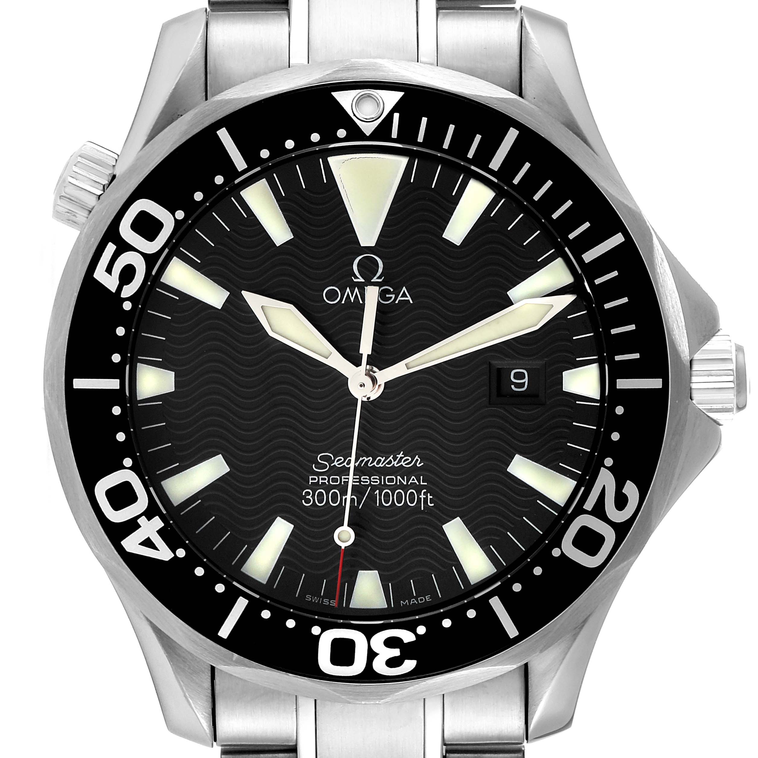 The image shows the front view of an Omega Seamaster 2264.50.00 Men's Stainless Steel Black Dial 2264.50.00 Men's Stainless Steel Black Dial watch, focusing on its dial, bezel, and stainless steel case.