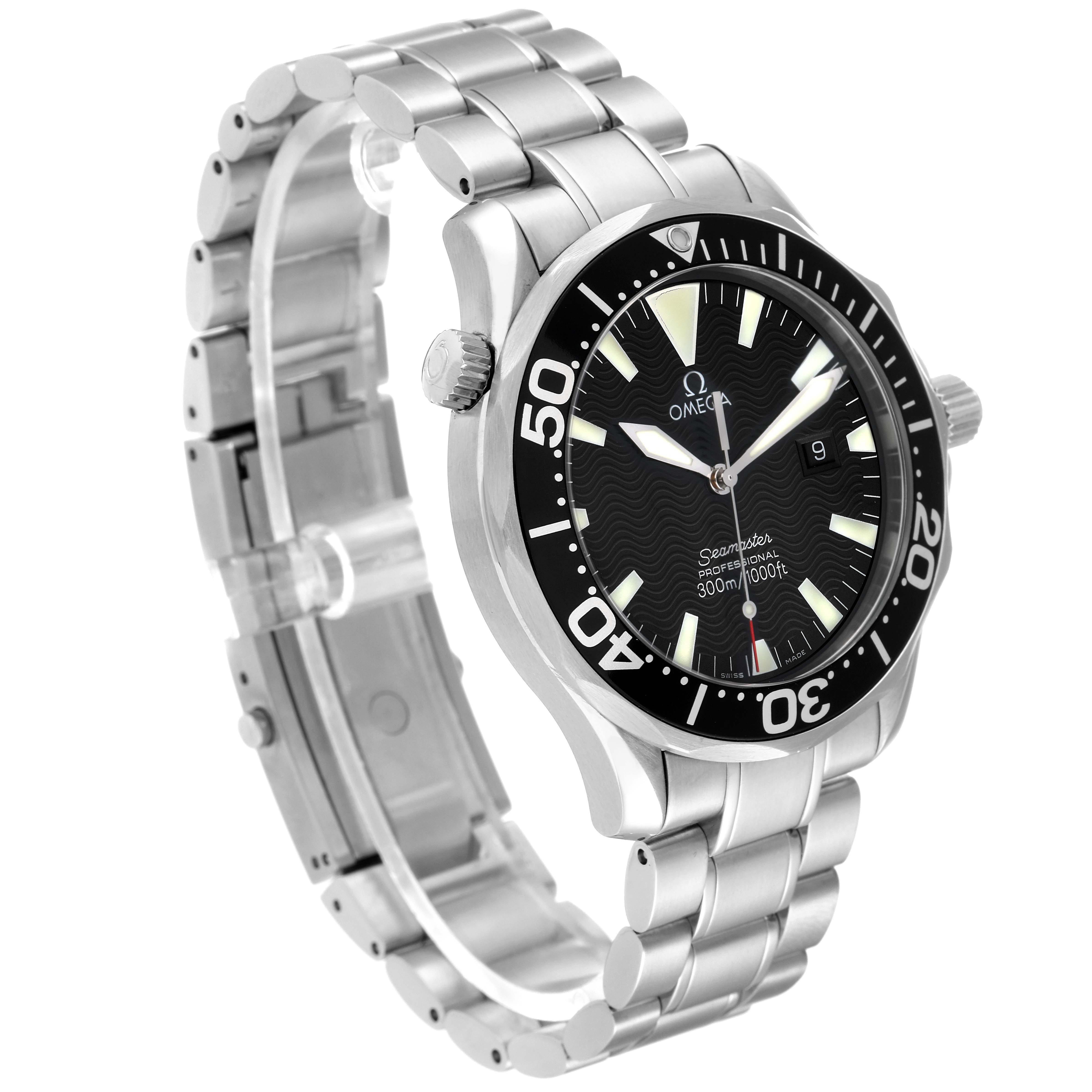 The Omega Seamaster 2264.50.00 Men's Stainless Steel Black Dial 2264.50.00 Men's Stainless Steel Black Dial watch is shown at a three-quarter angle, highlighting the face, bezel, crown, and stainless steel bracelet.